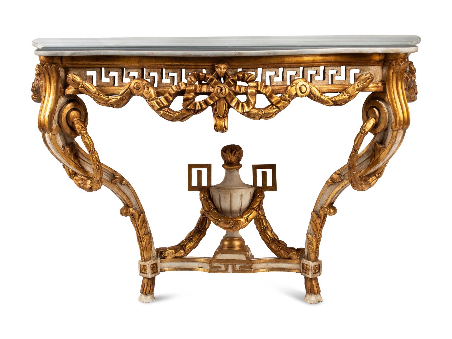 A Pair of Italian Neoclassical Style White Painted and Parcel Gilt Marble-Top Console Tables