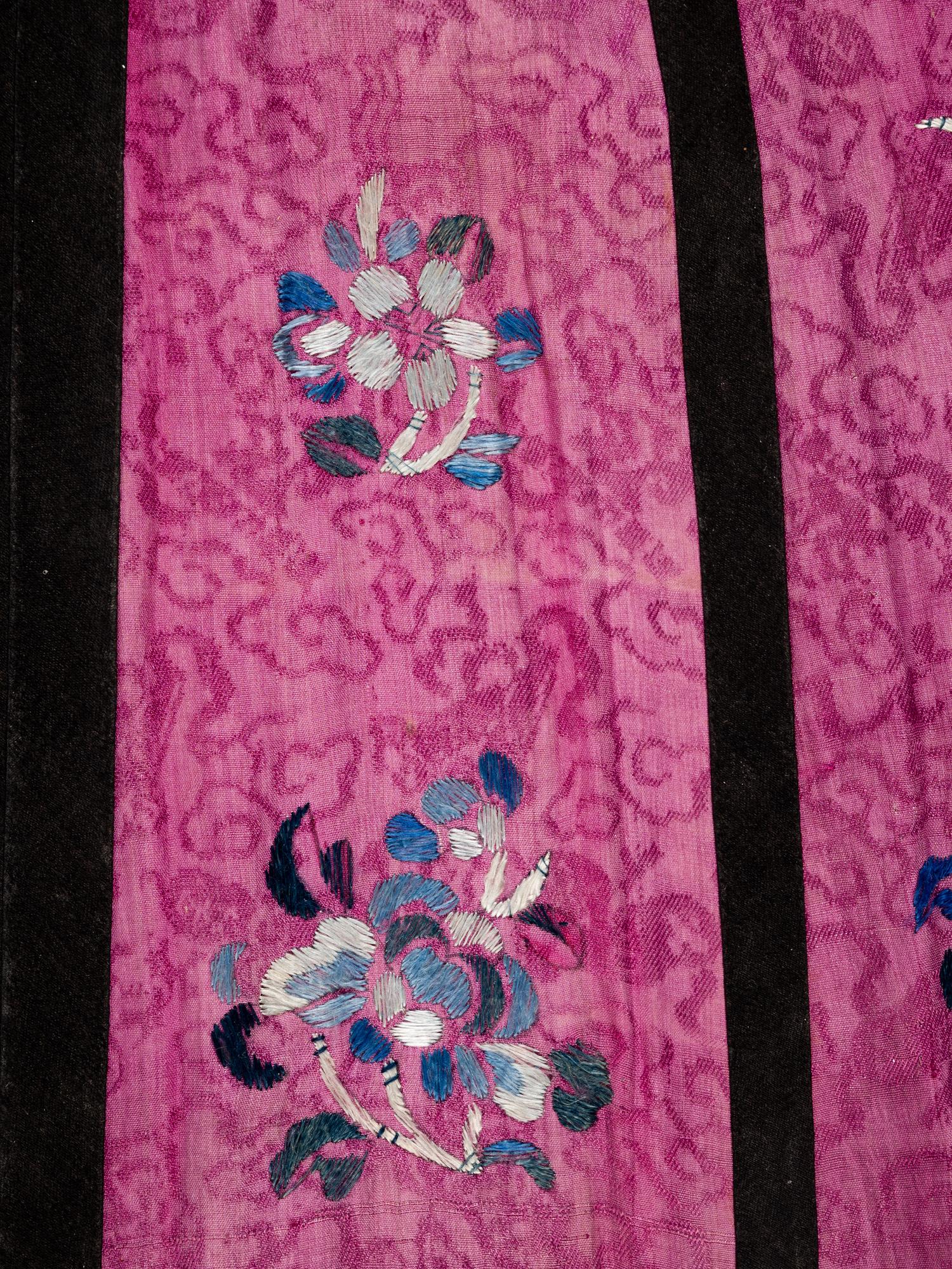 A Chinese Fuchsia Ground Embroidered Silk Apron Skirt