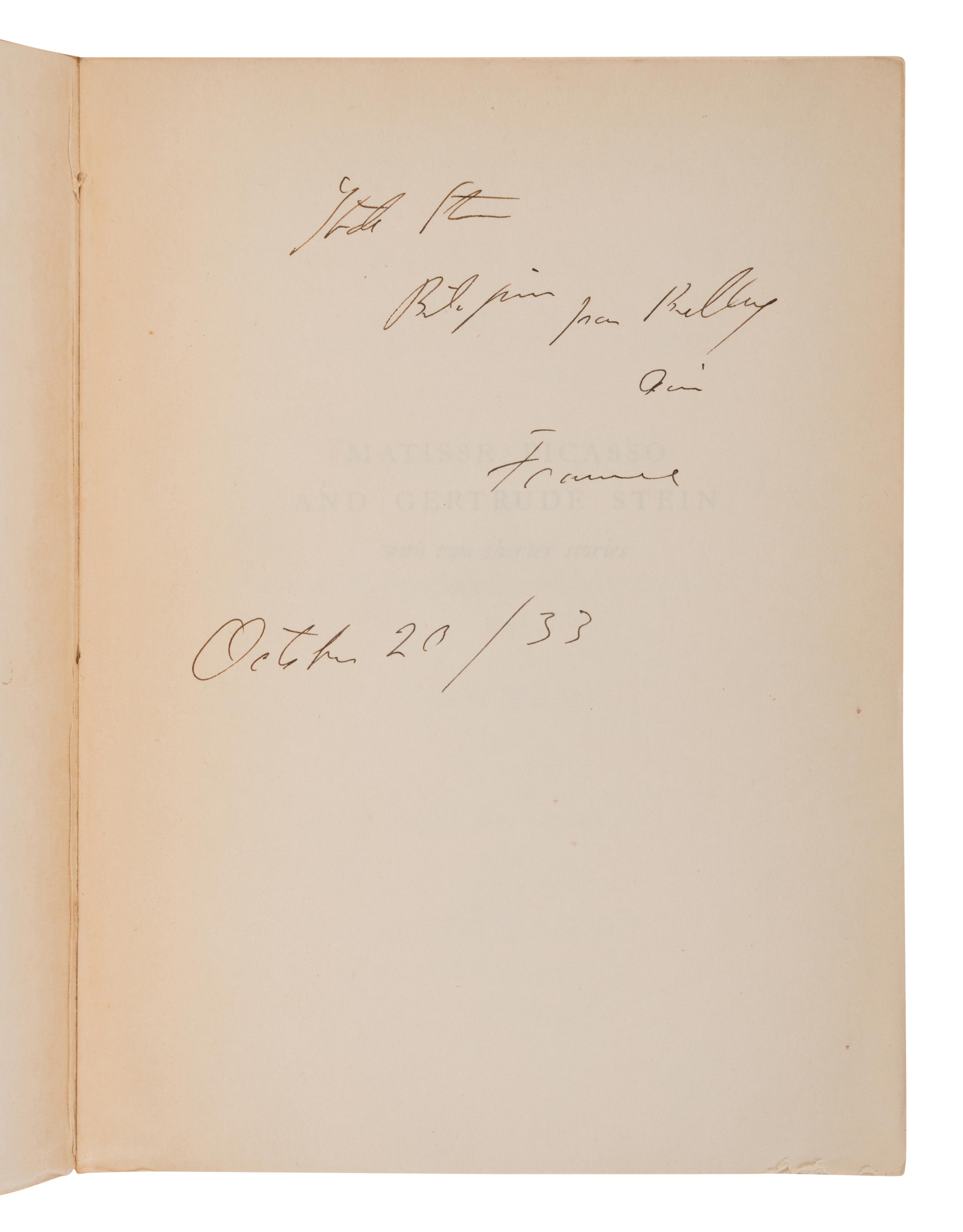 STEIN, Gertrude (1874-1946). Matisse Picasso and Gertrude Stein with Two Shorter Stories . Paris: Maurice Darantiere for the Plain Edition, 1933.