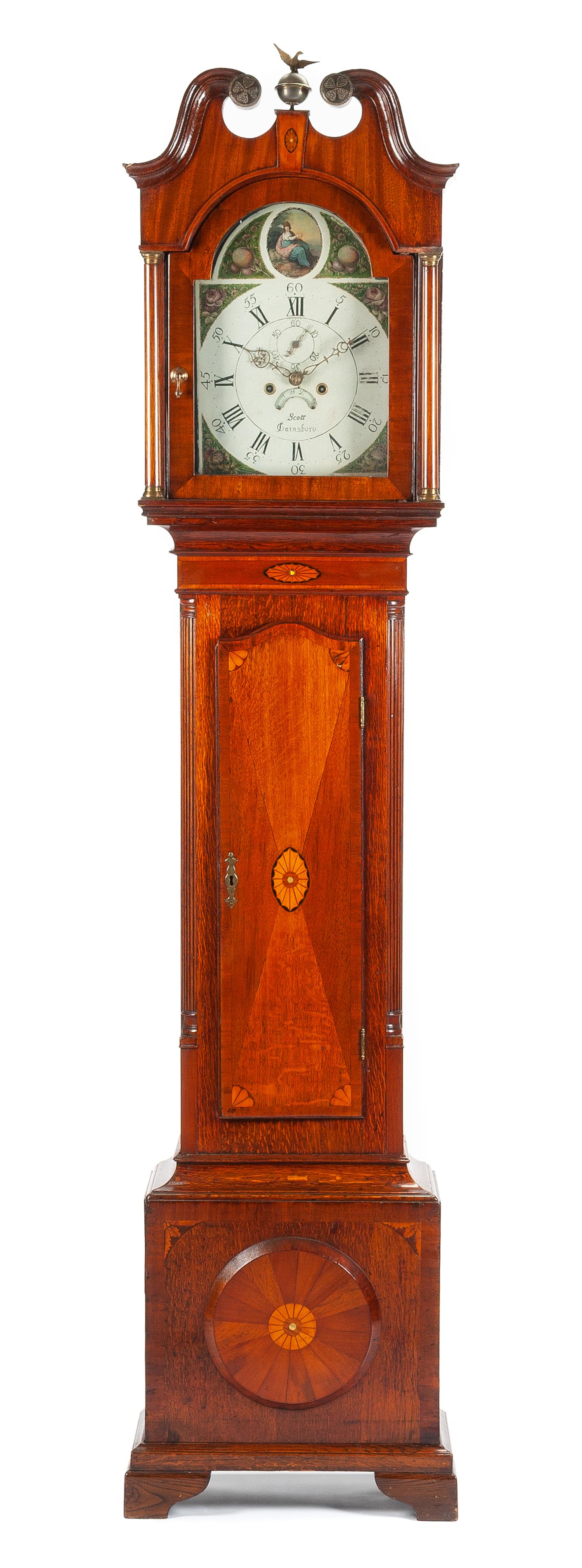 An English Inlaid Oak Tall Case Clock Height 89 x width 29 1/2 x depth 10 1/2 inches. — SCOTT GAINSBORO, 18TH/19TH CENTURY