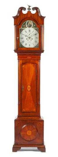 An English Inlaid Oak Tall Case Clock Height 89 x width 29 1/2 x depth 10 1/2 inches. — SCOTT GAINSBORO, 18TH/19TH CENTURY