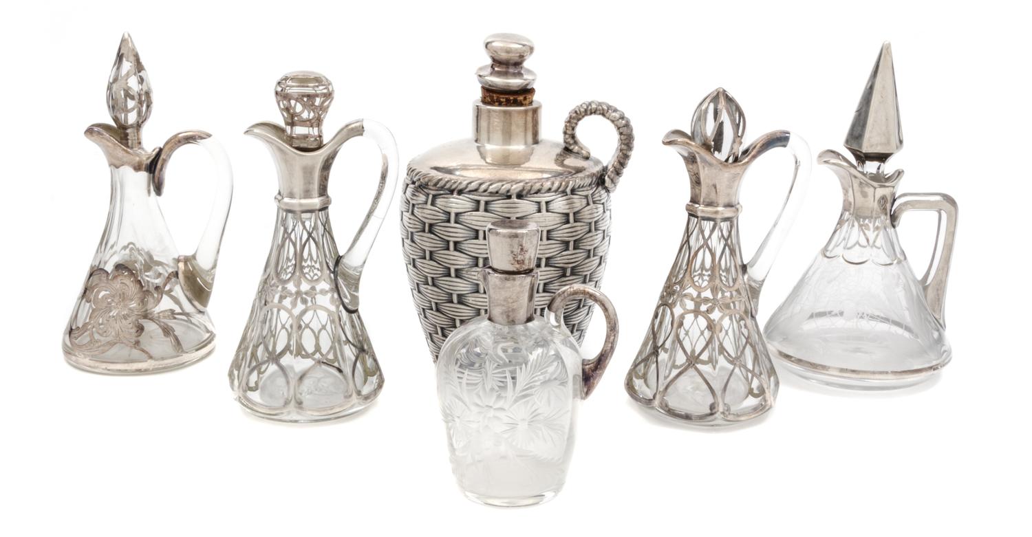 A Group of Six Silver Overlay Glass Table Articles Height of tallest 7 inches.
