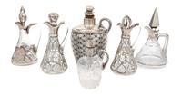 A Group of Six Silver Overlay Glass Table Articles Height of tallest 7 inches.