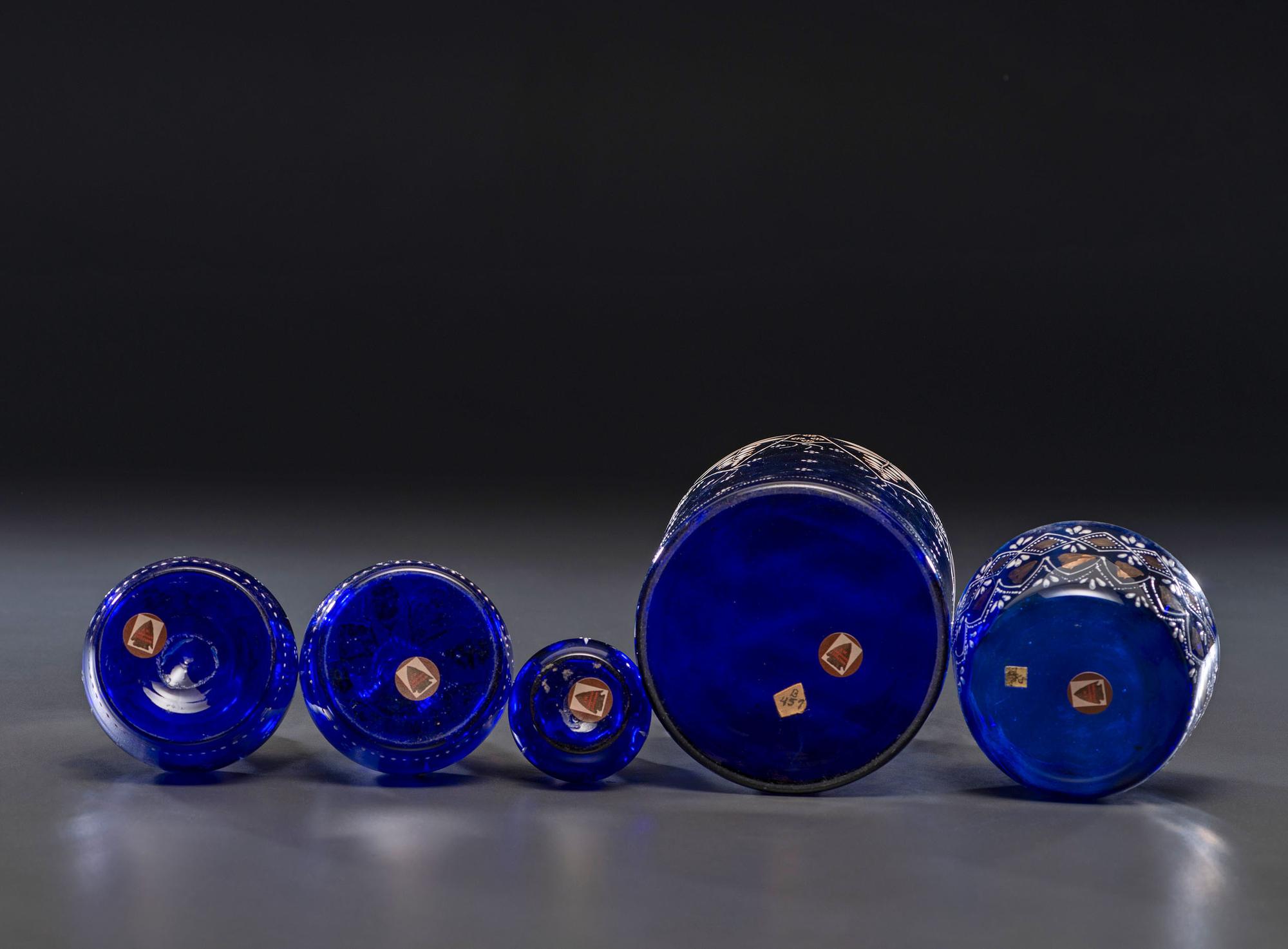 Five Enameled Cobalt Glass Barber Articles