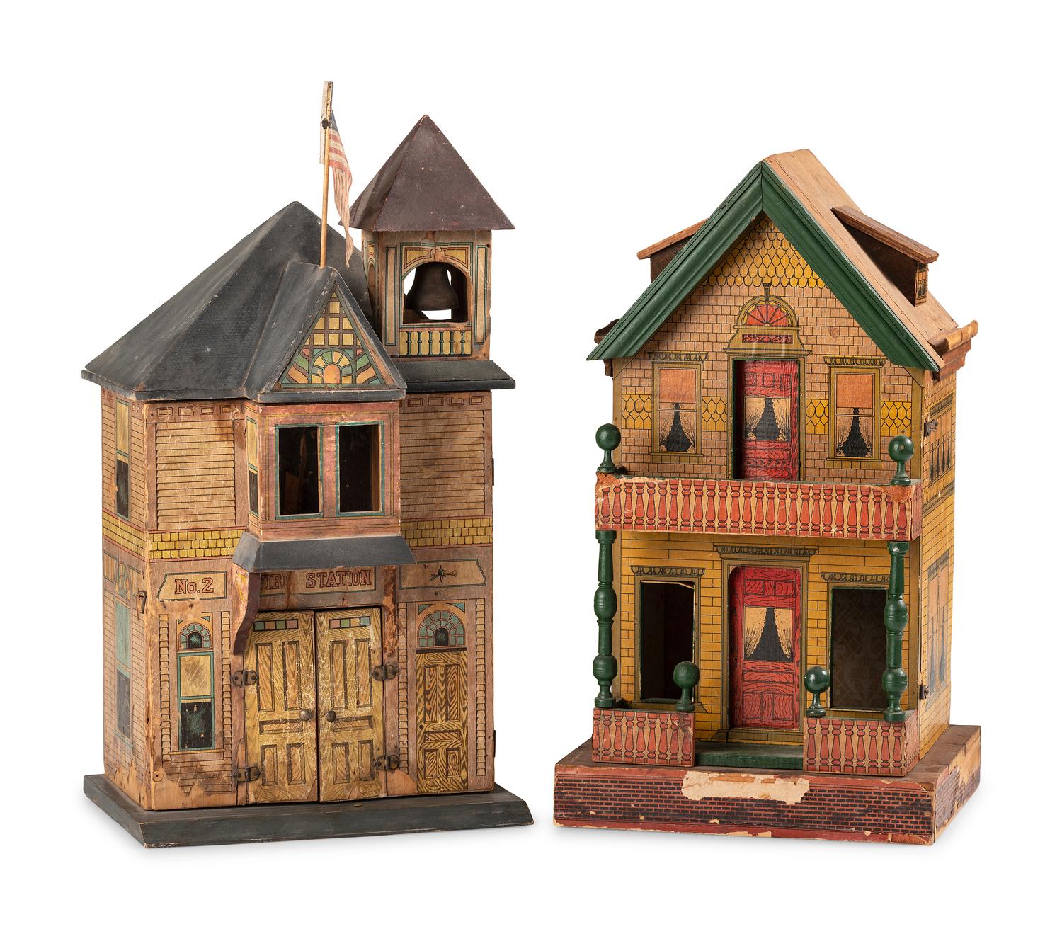 A Lithograph Paper on Wood Two-Story Doll House and Fire Station