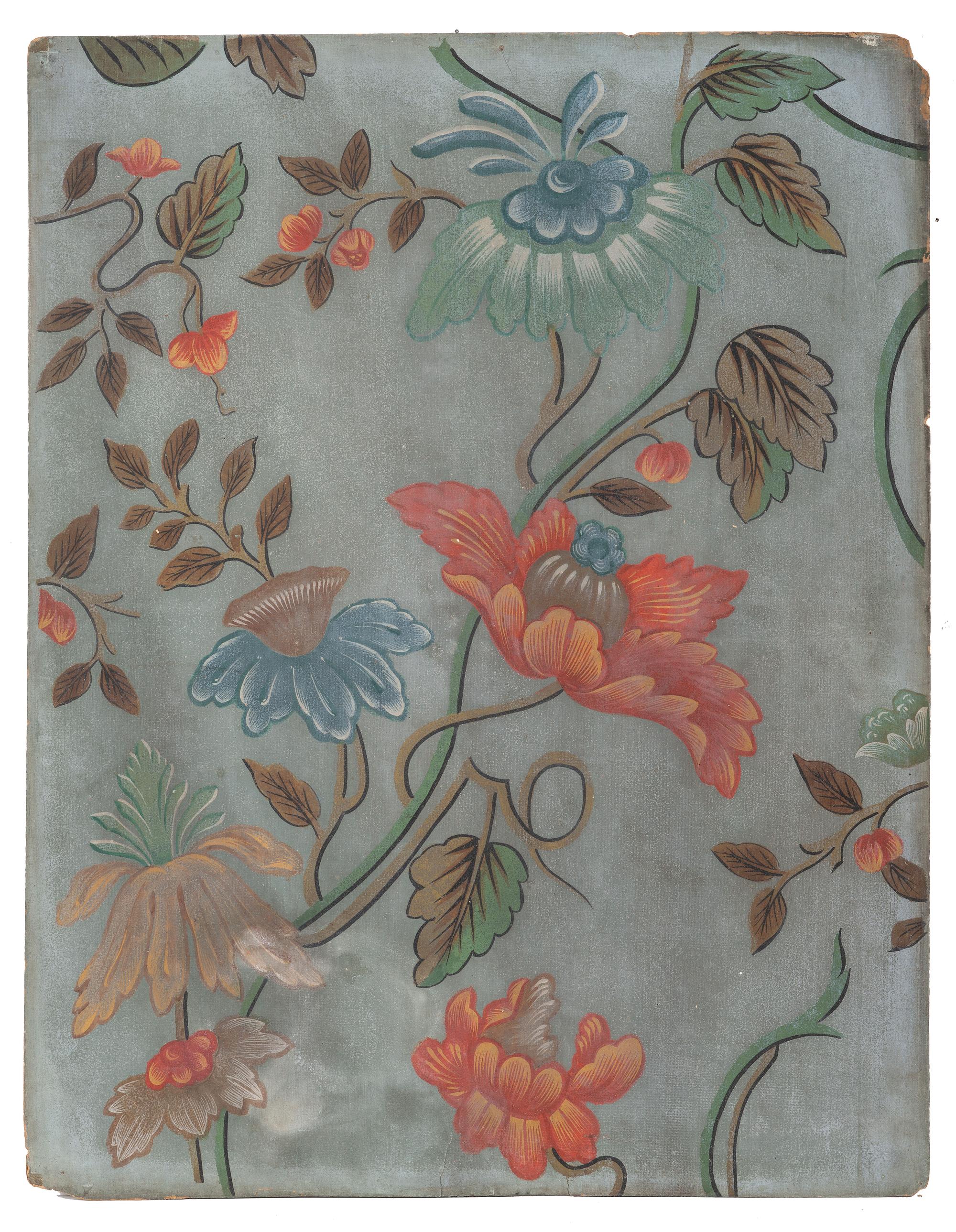 Five Continental Hand Painted Floral Wall Paper Panels