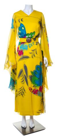 A Hanae Mori Yellow Silk Chiffon Caftan Dress, Size 16.