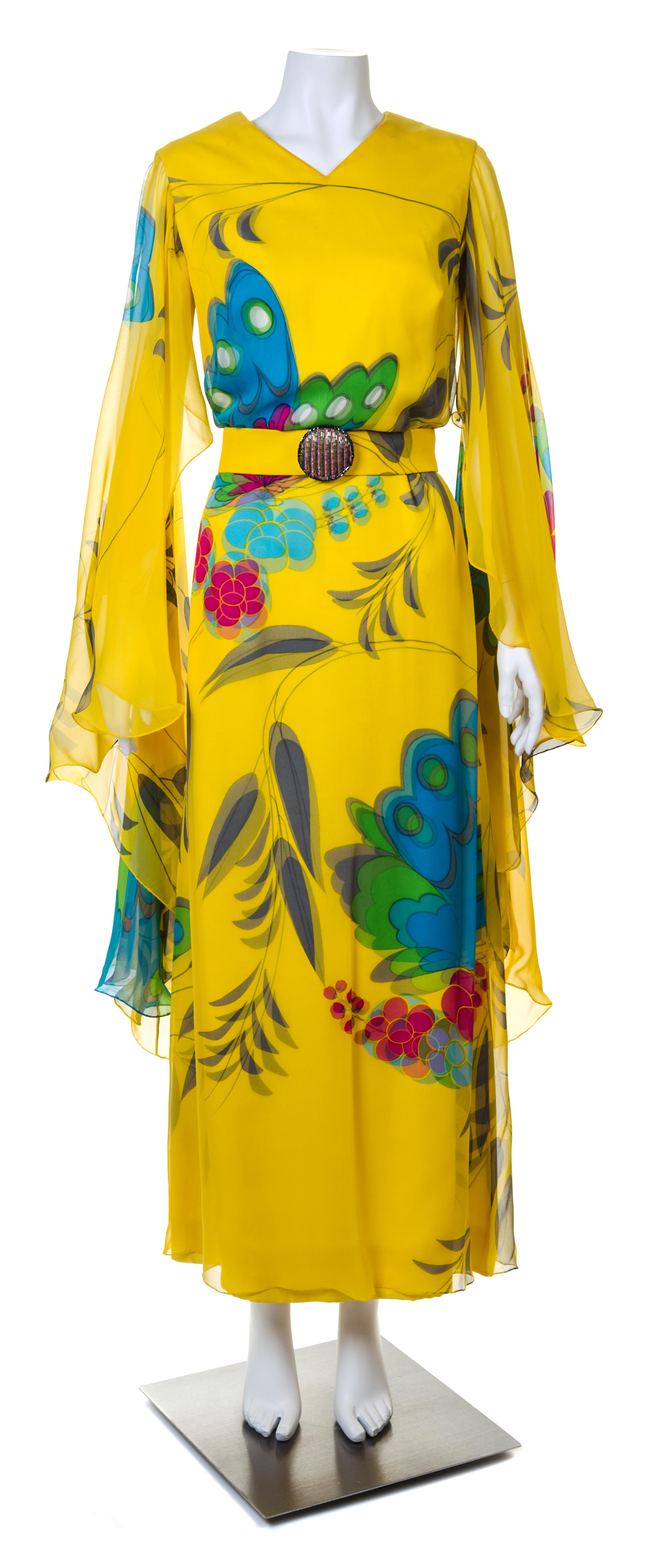 A Hanae Mori Yellow Silk Chiffon Caftan Dress, Size 16.