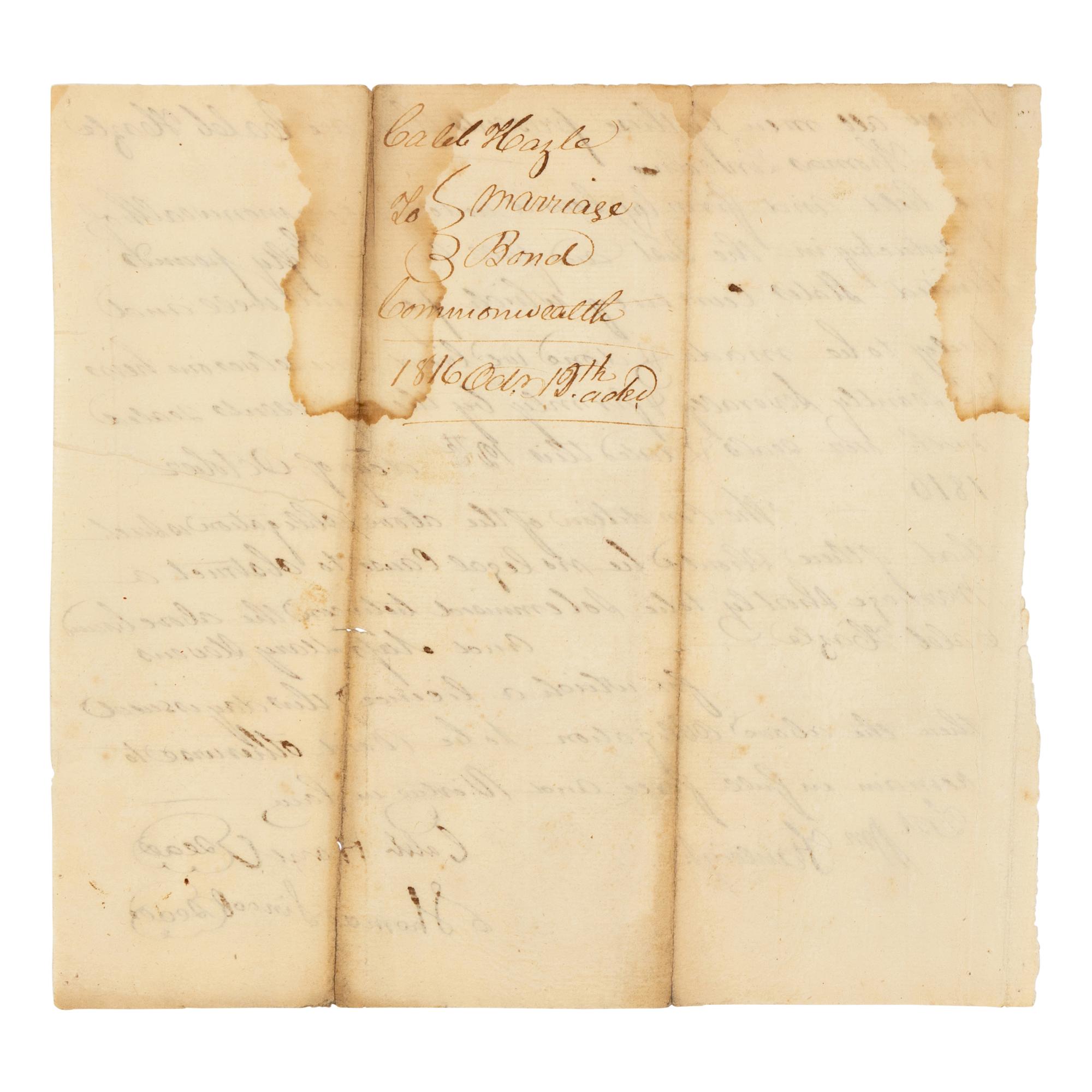 LINCOLN, Thomas (1778-1851). Manuscript marriage bond document signed ("Thomas Lincoln"), Knob Creek, Kentucky, 12 October 1816.