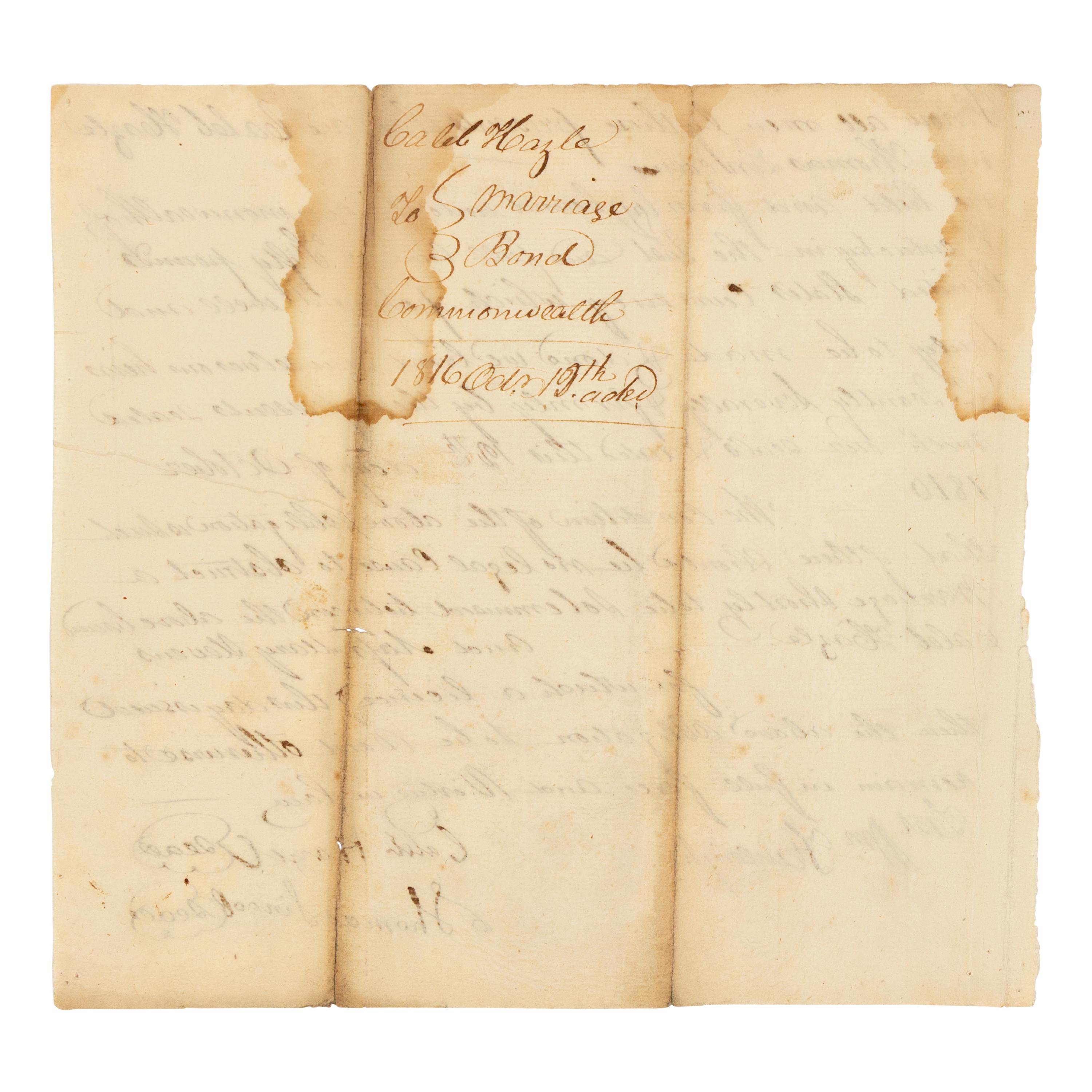 LINCOLN, Thomas (1778-1851). Manuscript marriage bond document signed ("Thomas Lincoln"), Knob Creek, Kentucky, 12 October 1816.
