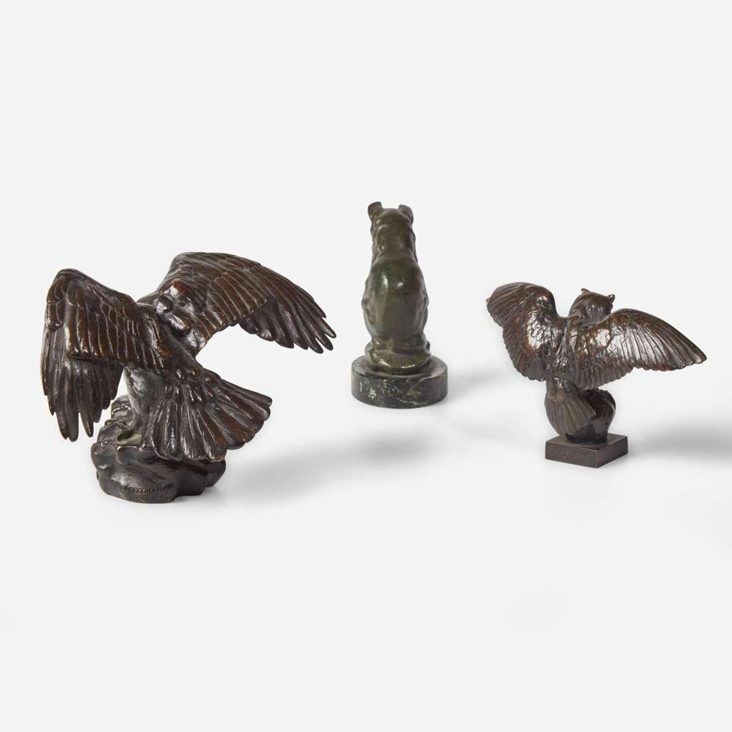 Antoine-Louis Barye (French, 1795-1875) Three Small Works: Eagle with Outstretched Wings, Owl Hunting Rat, and Seated Cat, Cast by Ferdinand Barbedienne (French, 1810-1892), late 19th century