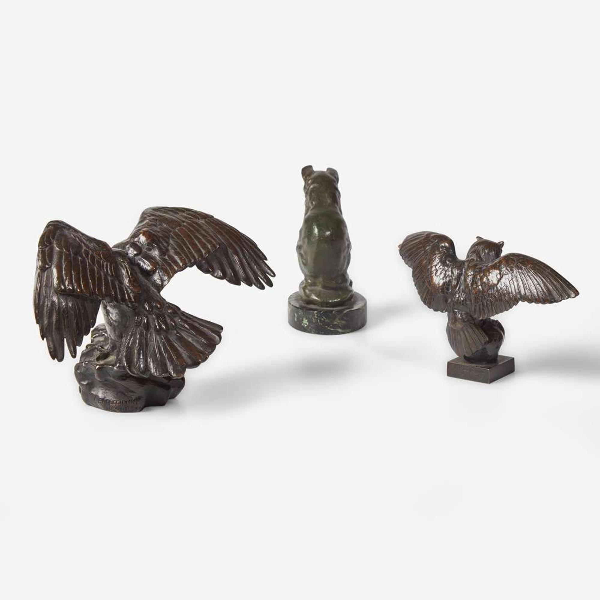 Antoine-Louis Barye (French, 1795-1875) Three Small Works: Eagle with Outstretched Wings, Owl Hunting Rat, and Seated Cat, Cast by Ferdinand Barbedienne (French, 1810-1892), late 19th century
