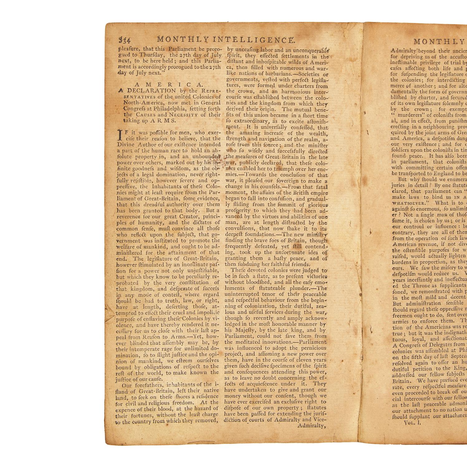 [American Revolution] The July 1775 Issue of Thomas Paine's Important Revolutionary-Era Publication, Featuring an Early Printing of the Declaration of the Causes and Necessities of Taking up Arms
