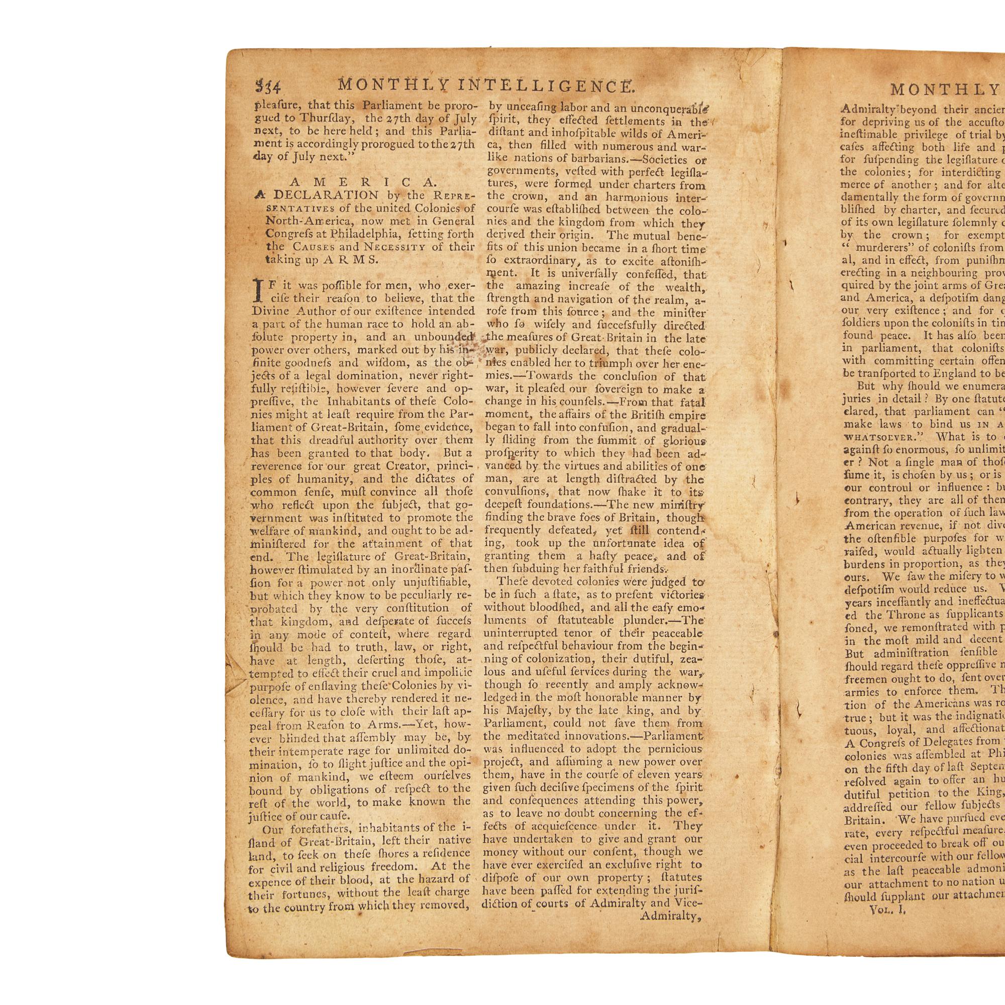 [American Revolution] The July 1775 Issue of Thomas Paine's Important Revolutionary-Era Publication, Featuring an Early Printing of the Declaration of the Causes and Necessities of Taking up Arms