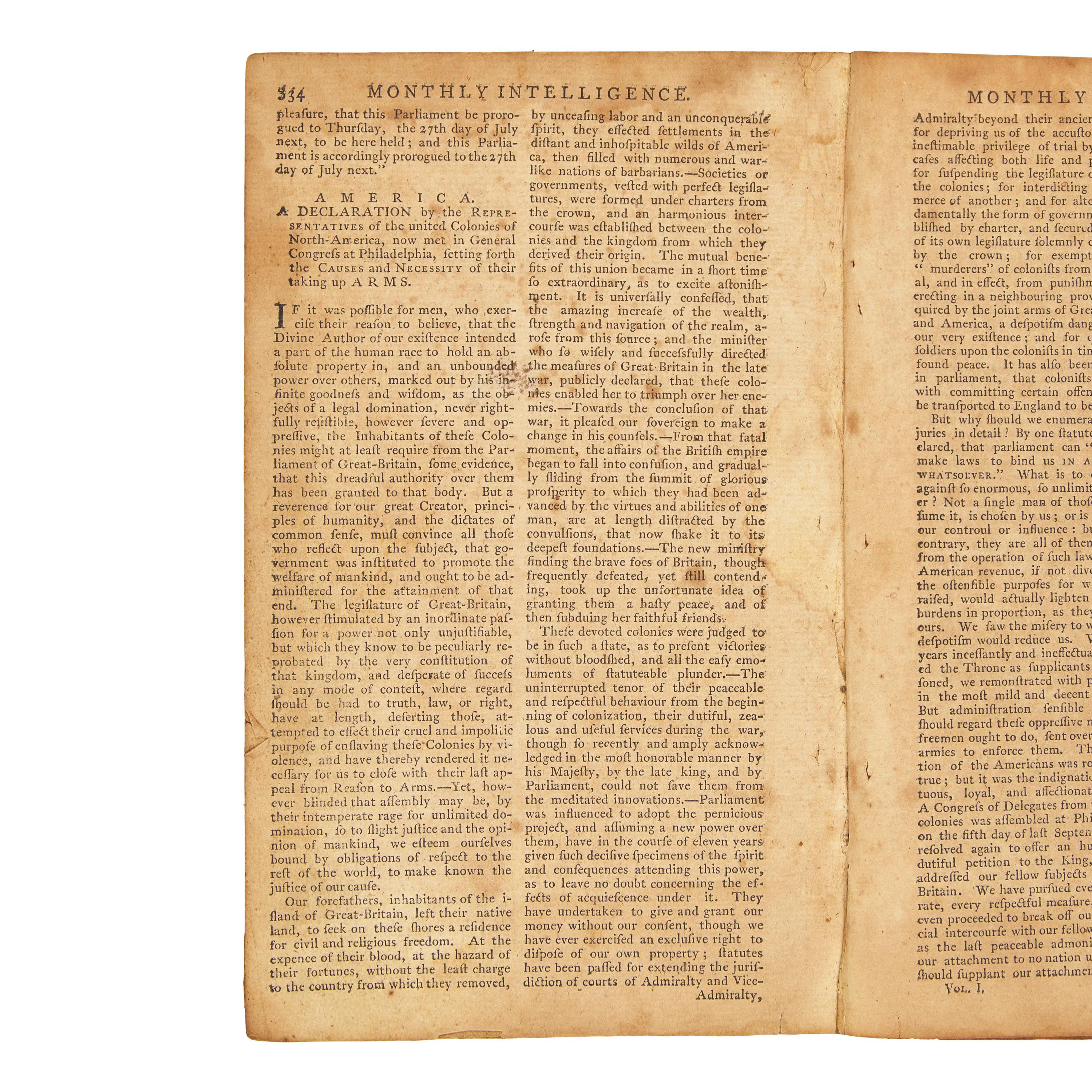 [American Revolution] The July 1775 Issue of Thomas Paine's Important Revolutionary-Era Publication, Featuring an Early Printing of the Declaration of the Causes and Necessities of Taking up Arms