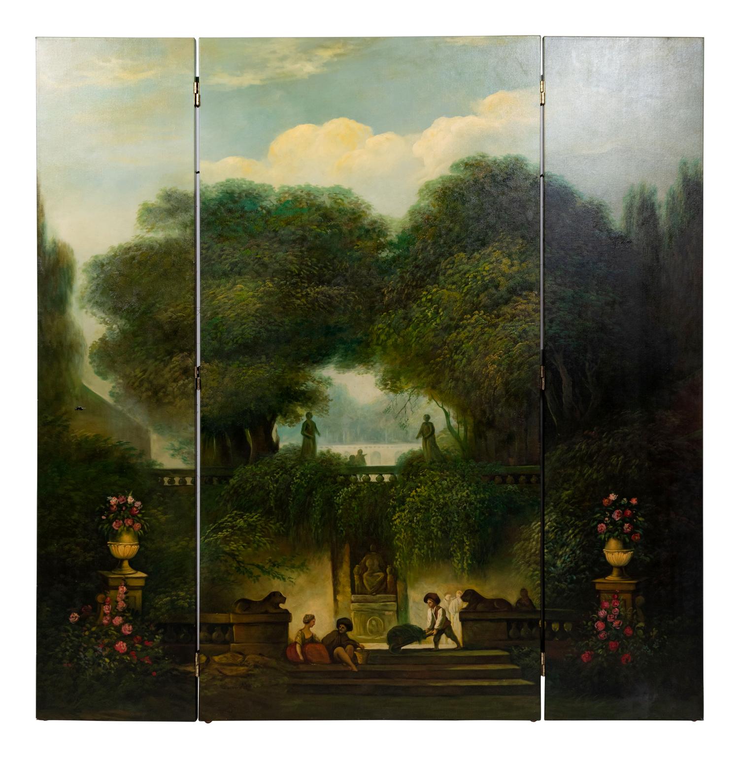 A Continental Painted Canvas Three-Panel Screen
