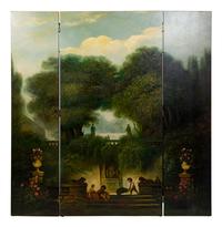 A Continental Painted Canvas Three-Panel Screen