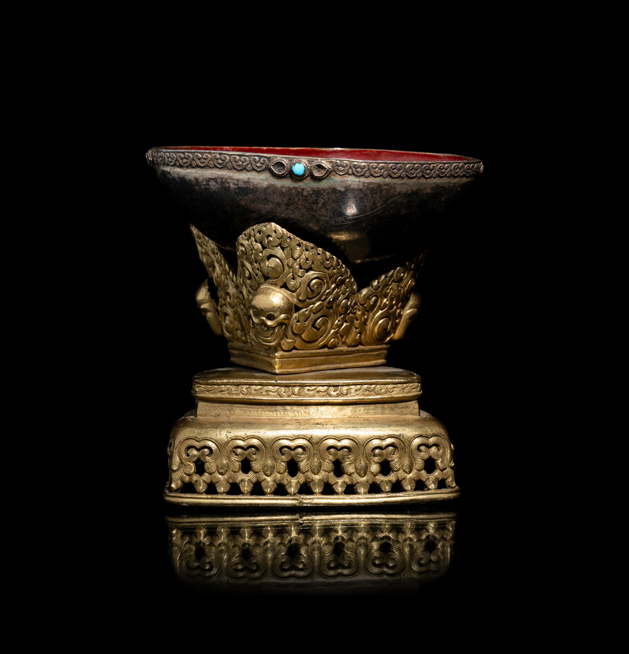 A Tibetan Semi-Precious Stone Inlaid Gilt Bronze and Silver Skull Cup, Kapala