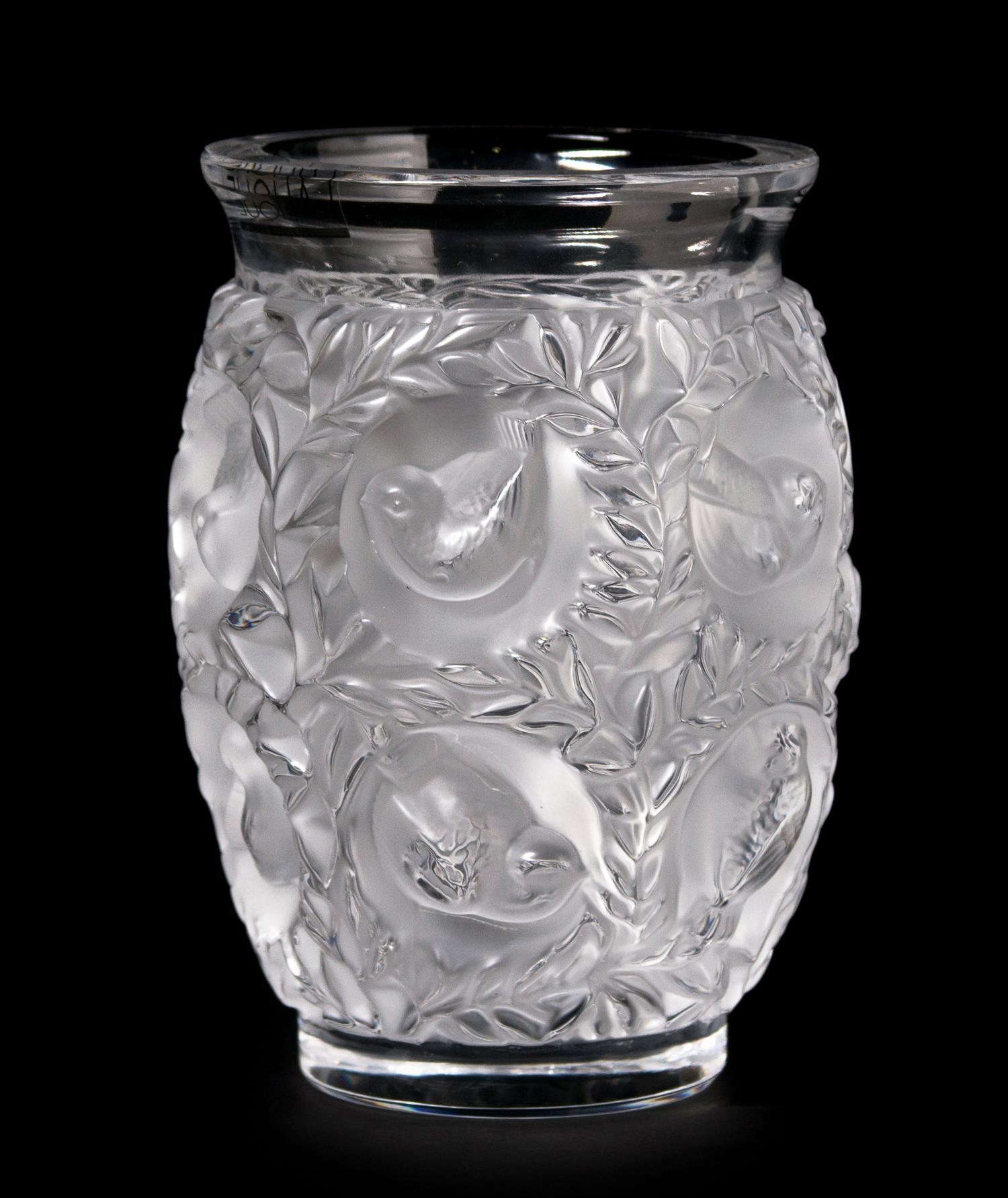 A Lalique Molded and Frosted Glass Vase, Height 6 3/4 inches.