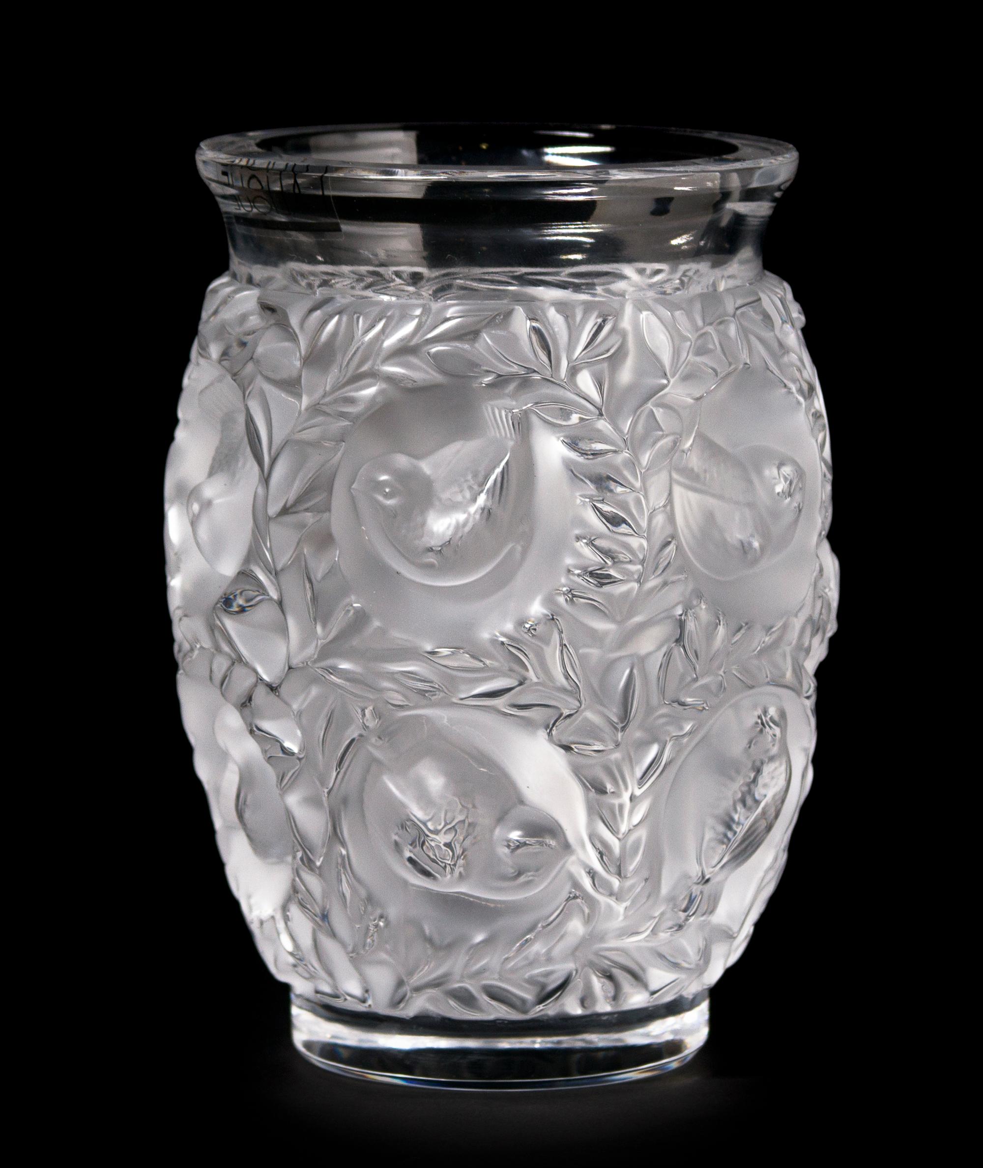 A Lalique Molded and Frosted Glass Vase, Height 6 3/4 inches.