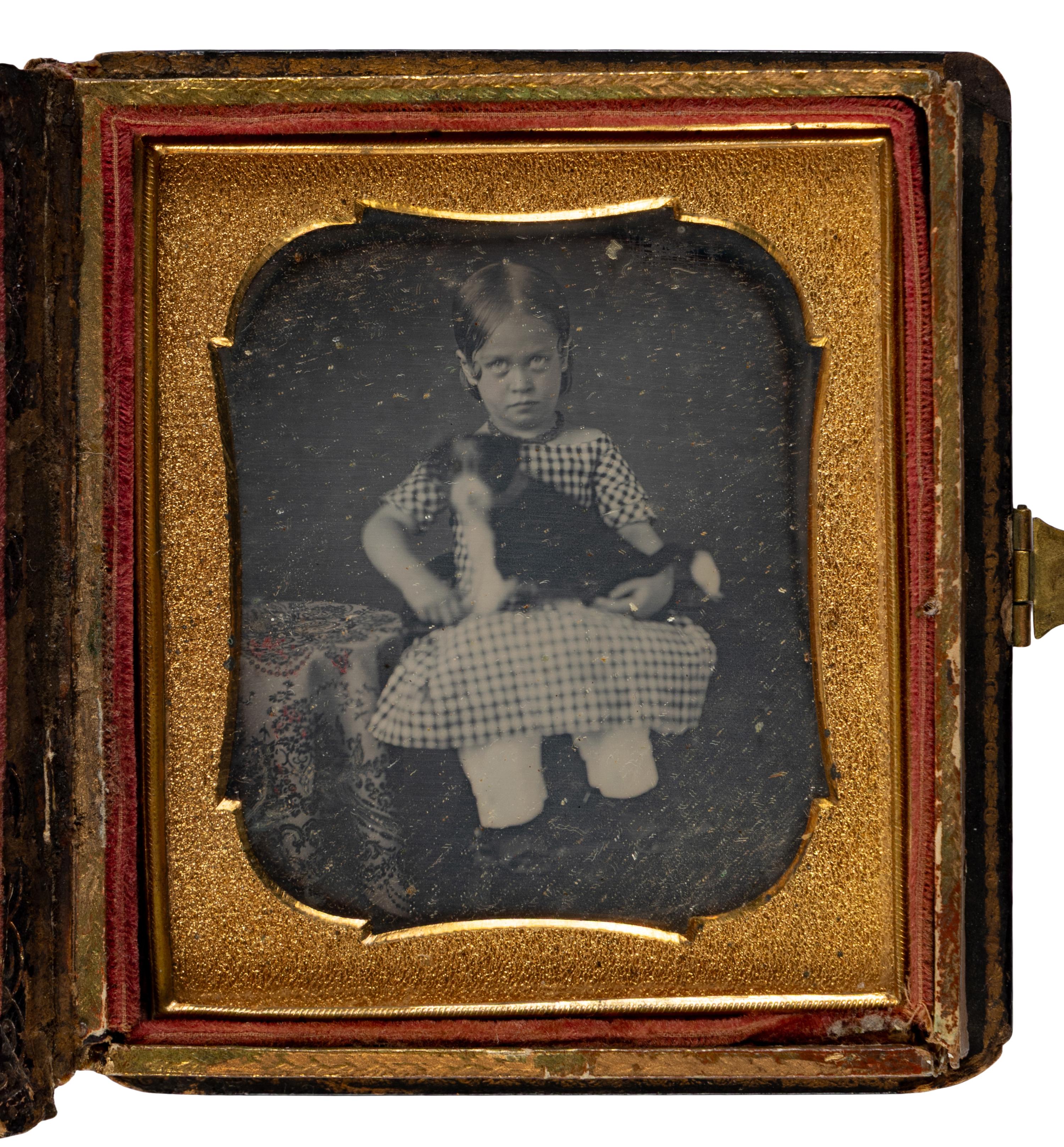 [Early Photography] 2 sixth plate daguerreotypes of young children with their dogs