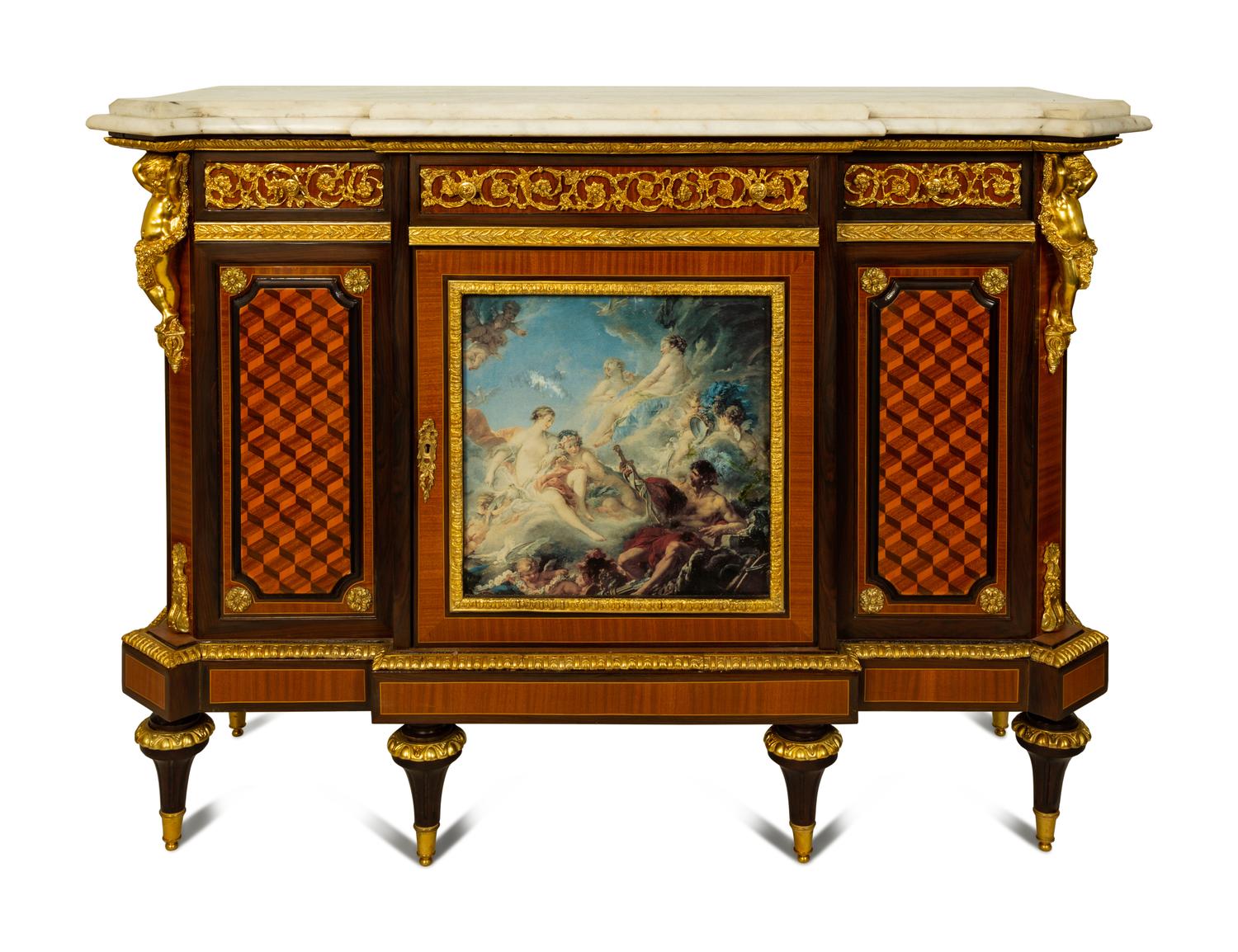 A Louis XVI Style Gilt Bronze and Porcelain Mounted Marble-Top Console Cabinet — LATE 20TH CENTURY
