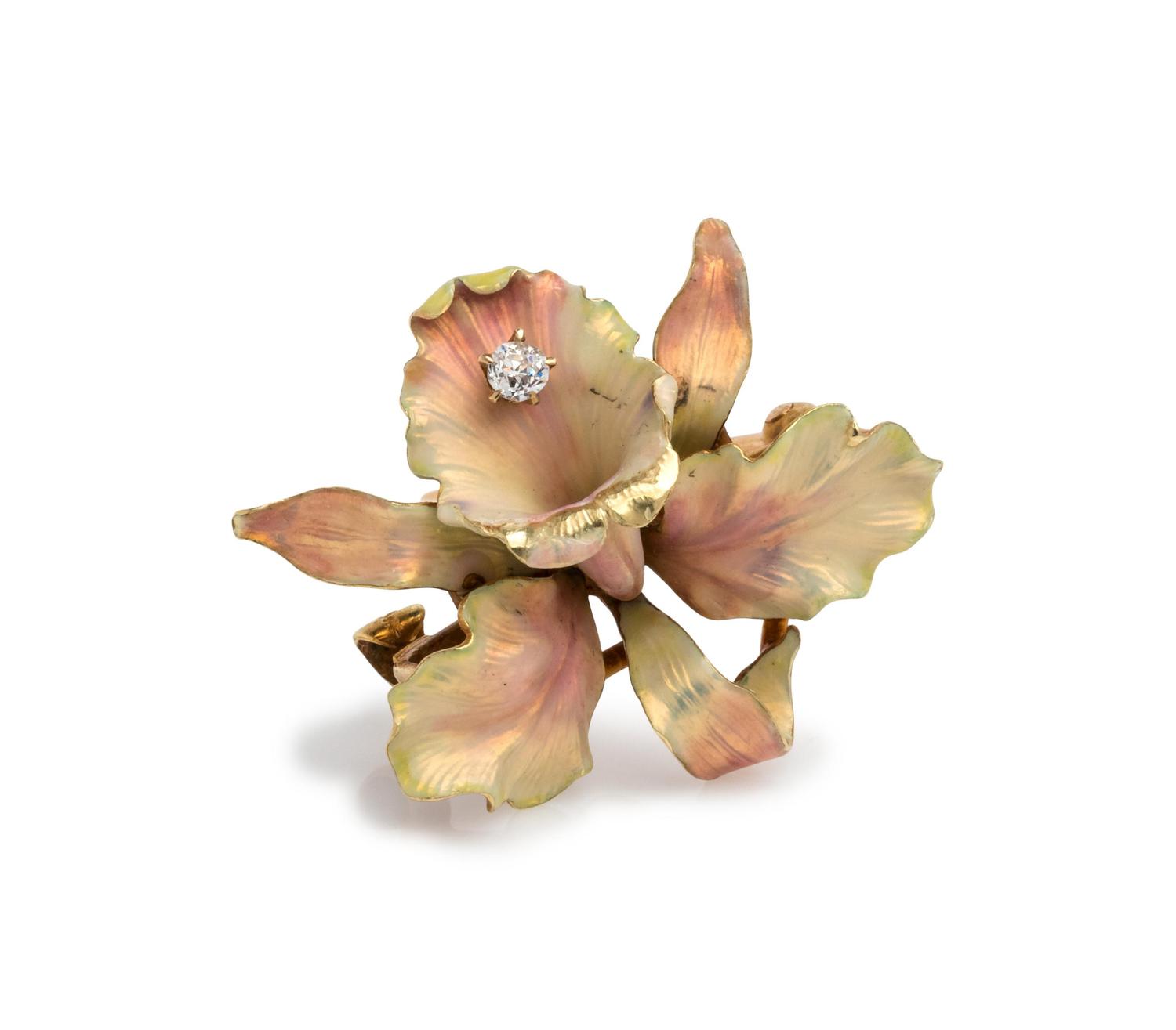 HENRY BLANK & CO., ENAMEL AND DIAMOND CATTLEYA ORCHID BROOCH