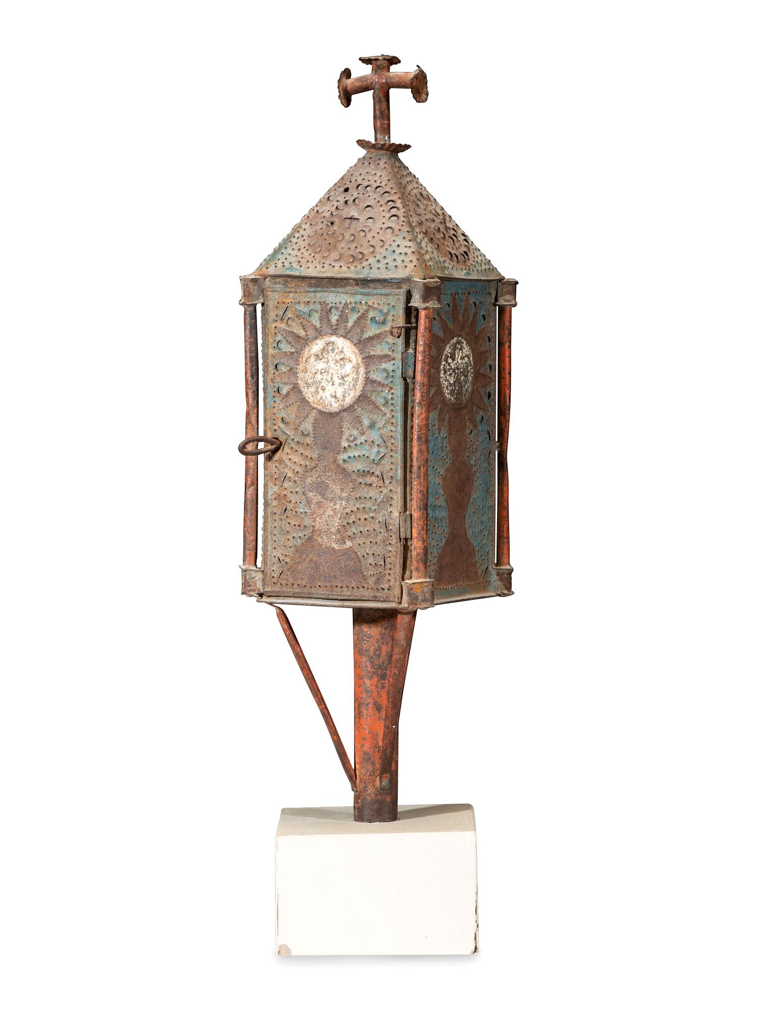 A Southwest American Painted and Punched Processional Tin Lantern on Stand