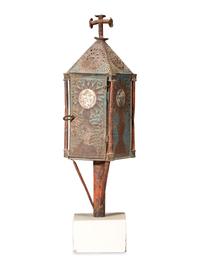 A Southwest American Painted and Punched Processional Tin Lantern on Stand