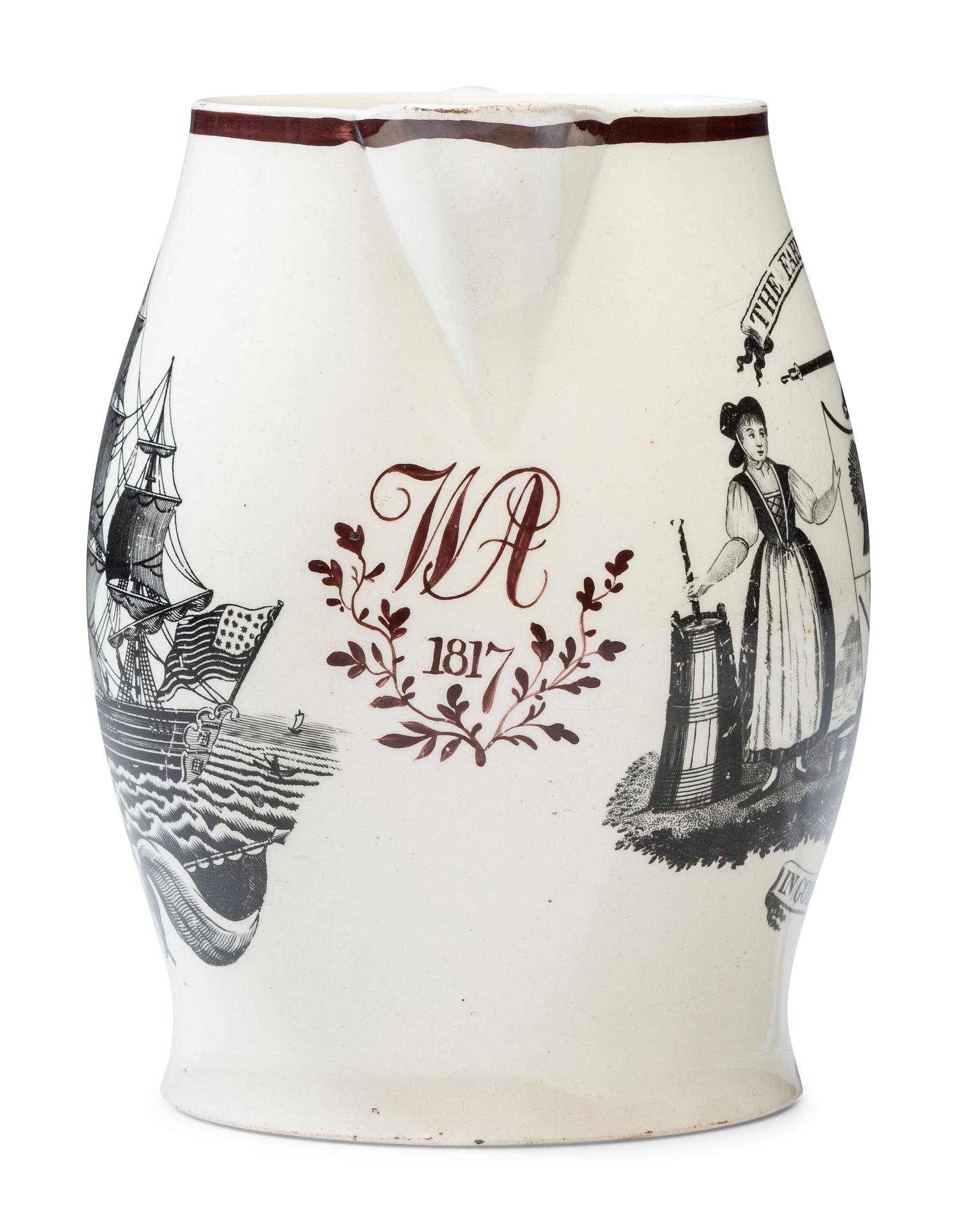 A Liverpool Creamware 'Farmer's Arms' Portrait Pitcher
