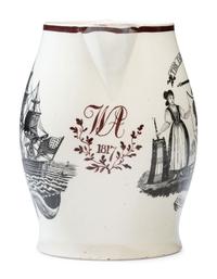 A Liverpool Creamware 'Farmer's Arms' Portrait Pitcher