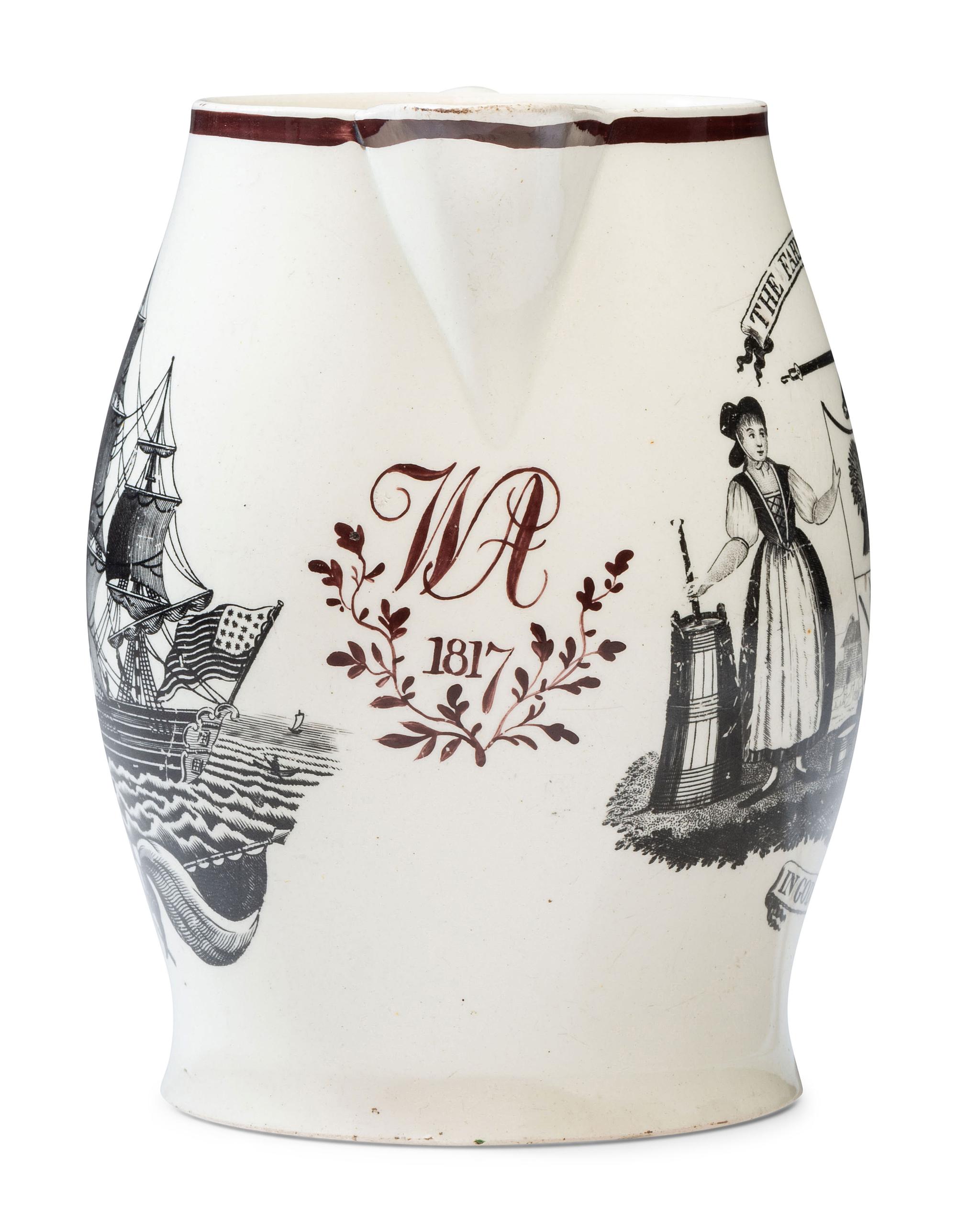 A Liverpool Creamware 'Farmer's Arms' Portrait Pitcher