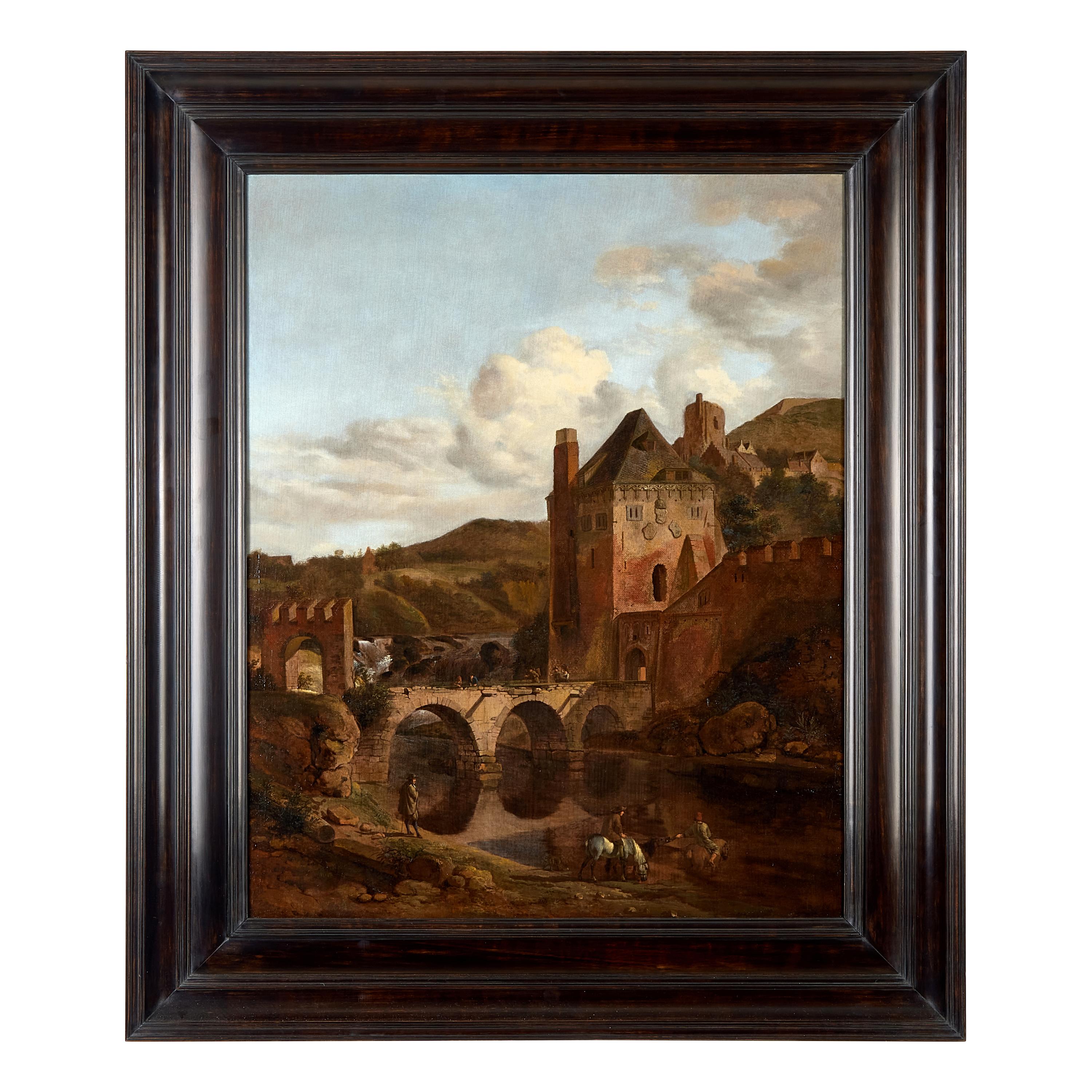 Jan van der Heyden | Adriaen van de Velde (Dutch, 1737-1712) | (Dutch, 1636-1672) — A River Landscape with a Fortified Castle and a Bridge