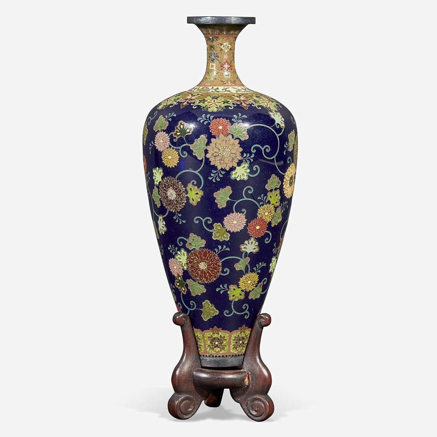 A fine Japanese cloisonné cabinet vase on wood stand, Namikawa Yasuyuki Meiji period