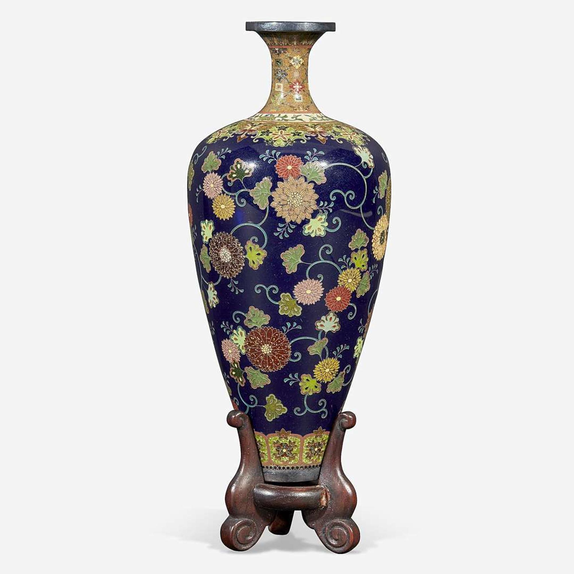 A fine Japanese cloisonné cabinet vase on wood stand, Namikawa Yasuyuki Meiji period