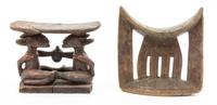 A Group of Five Wood Stools and Neck Rests Height of tallest 10 1/4 inches.