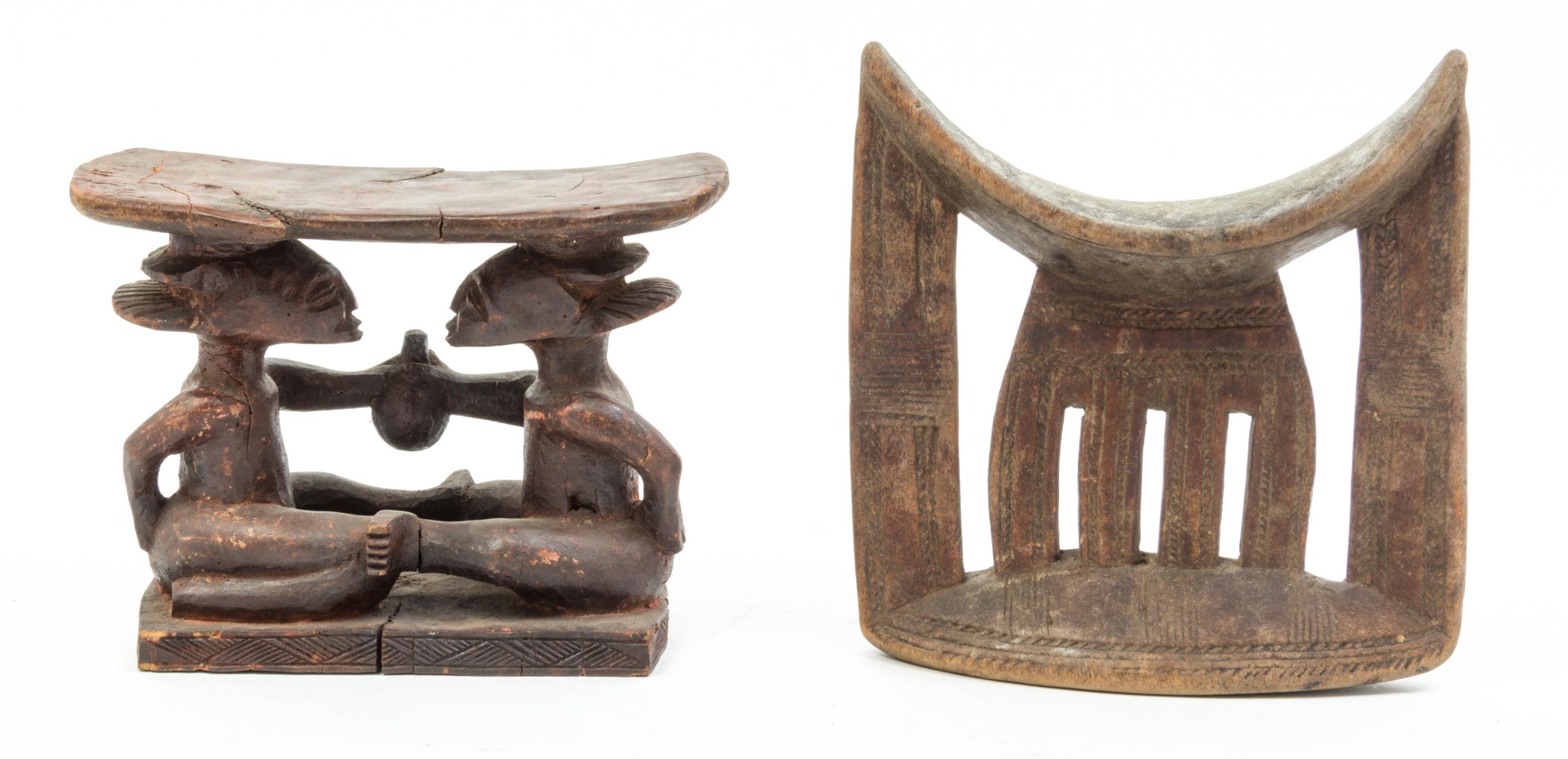 A Group of Five Wood Stools and Neck Rests Height of tallest 10 1/4 inches.