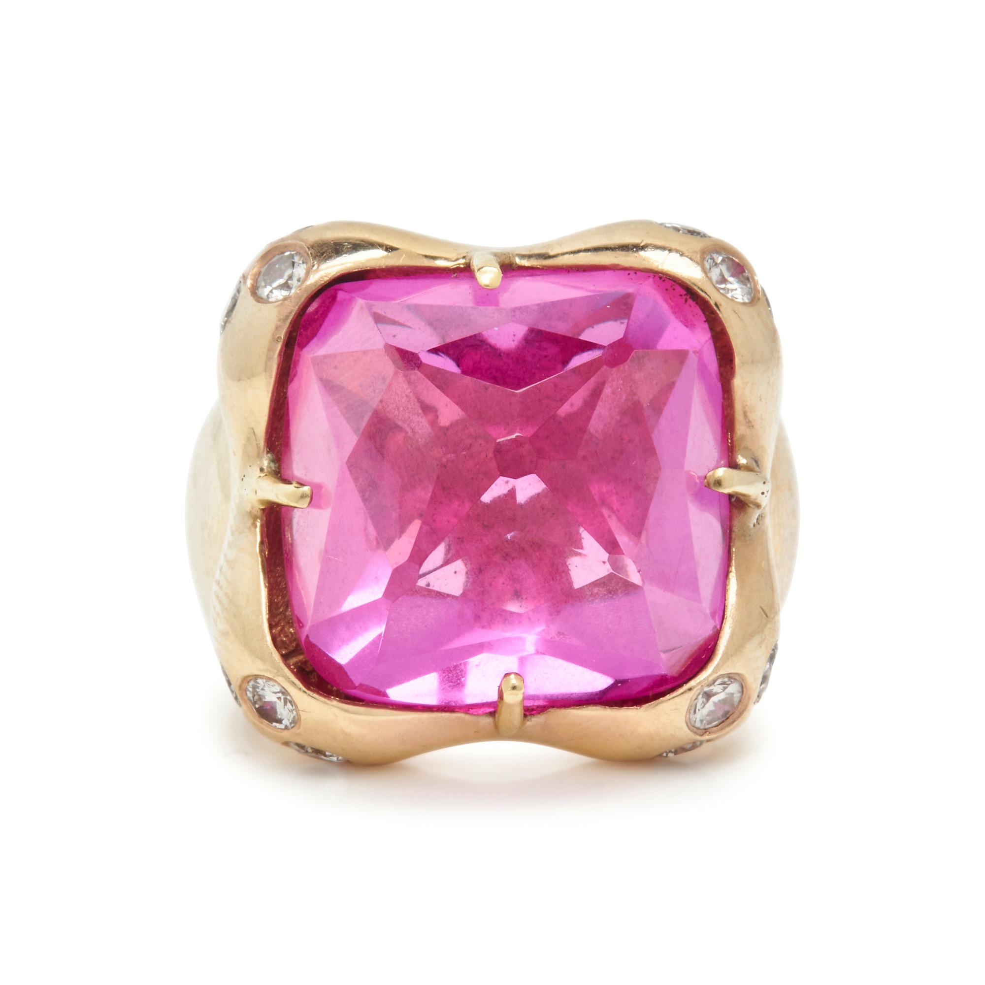 GOLD, DIAMOND, AND SYNTHETIC PINK SAPPHIRE RING