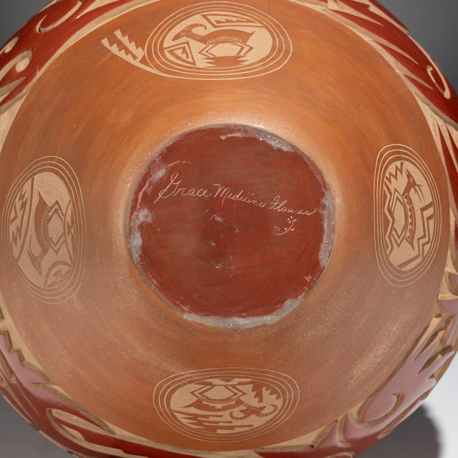 Large Three-Toned Deeply Carved Pottery Jar