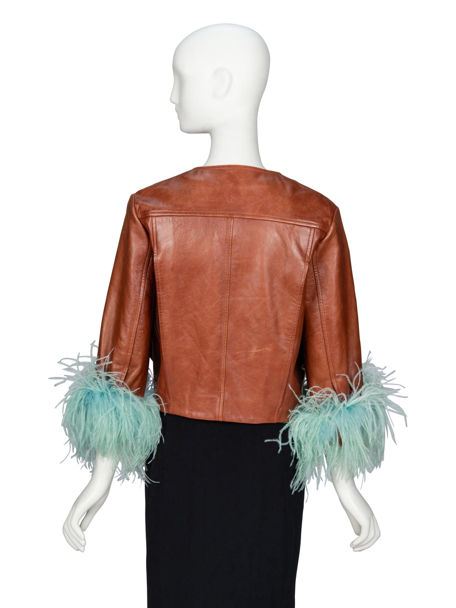 PRADA, FEATHER-TRIM LEATHER JACKET
