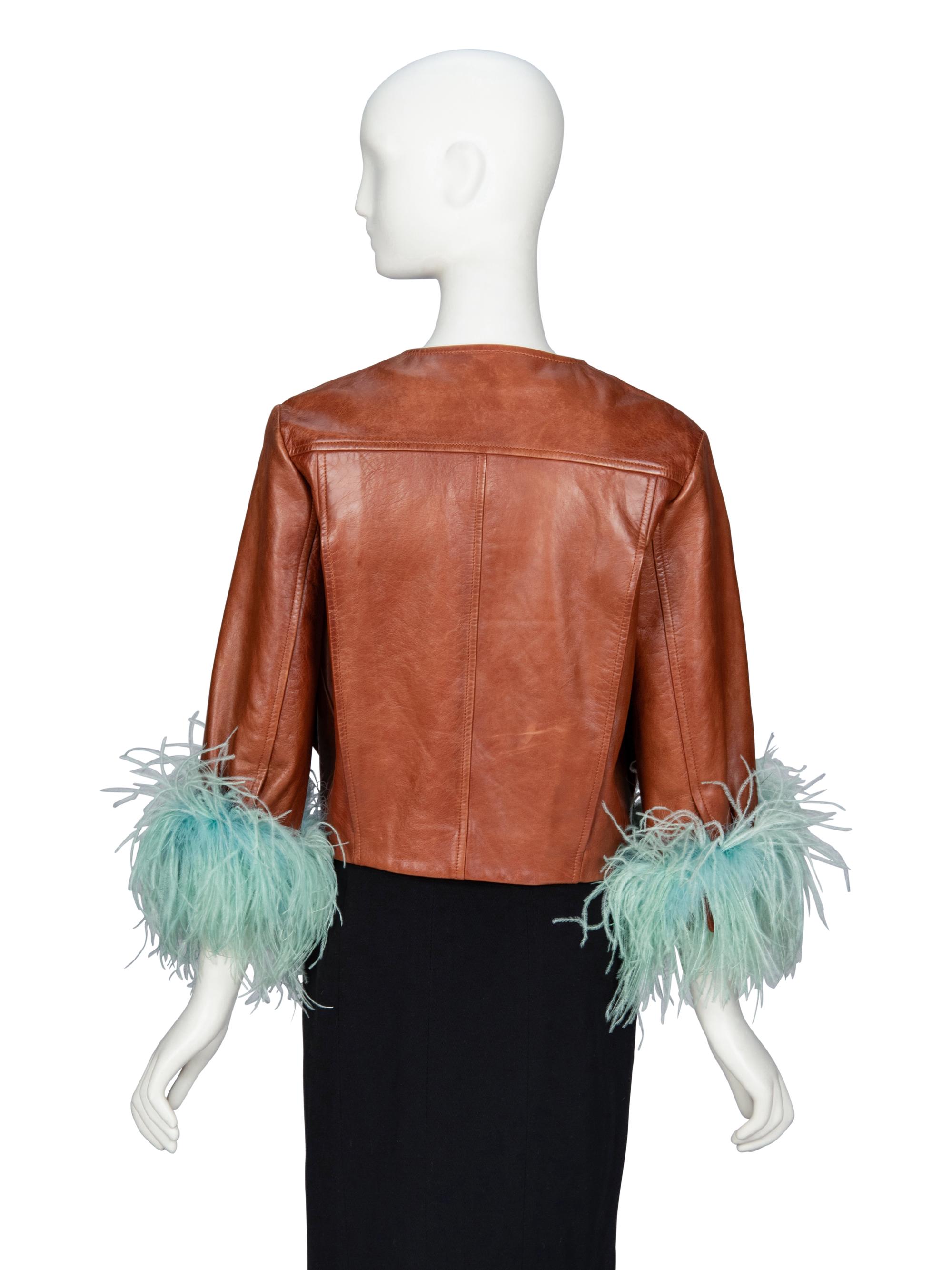 PRADA, FEATHER-TRIM LEATHER JACKET