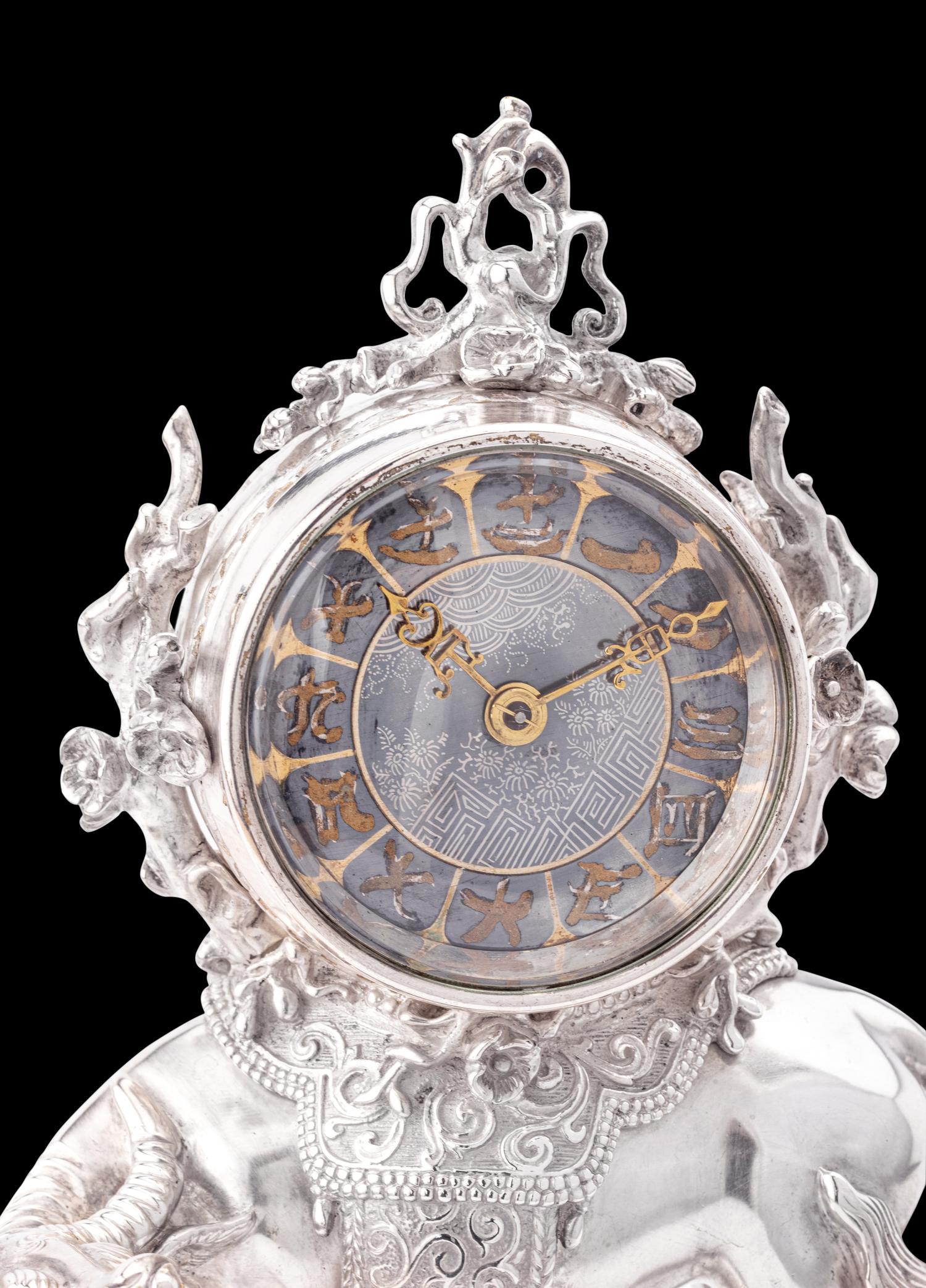 A Chinese Export Silvered Bronze Water Buffalo-Form Clock