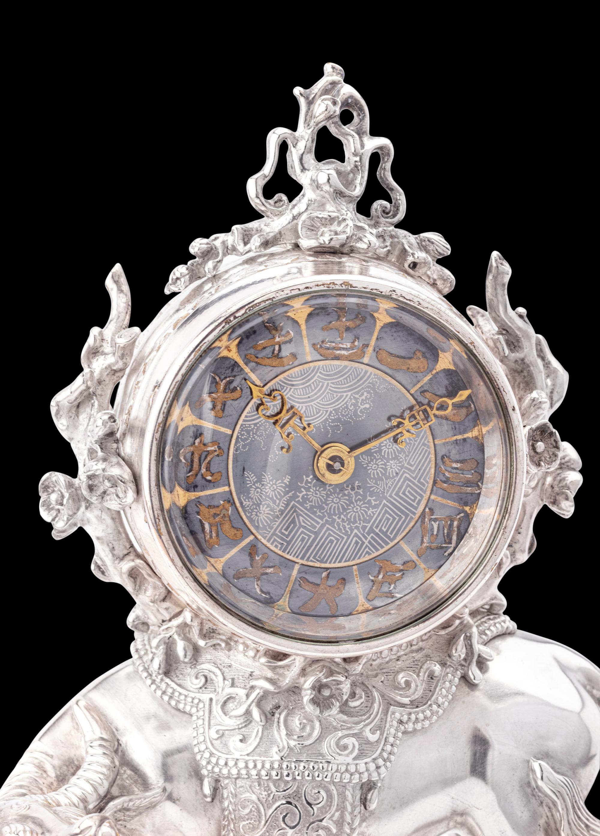 A Chinese Export Silvered Bronze Water Buffalo-Form Clock