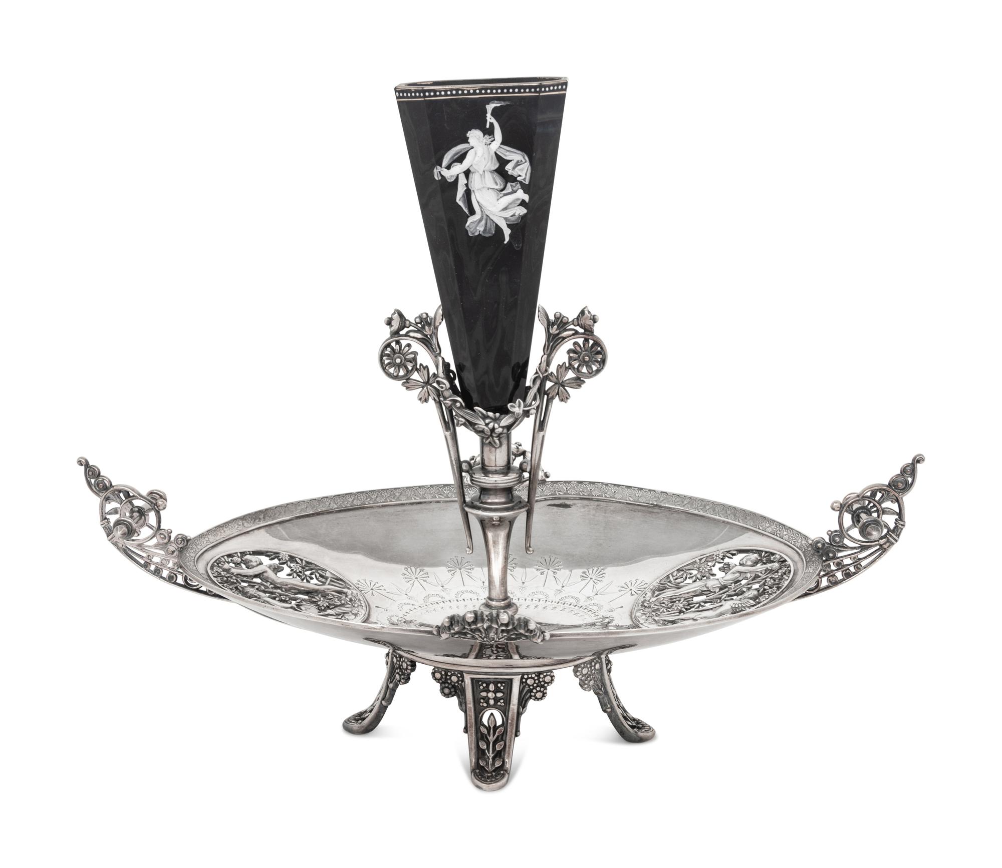 A Victorian Silver-Plate and Enameled Glass Epergne