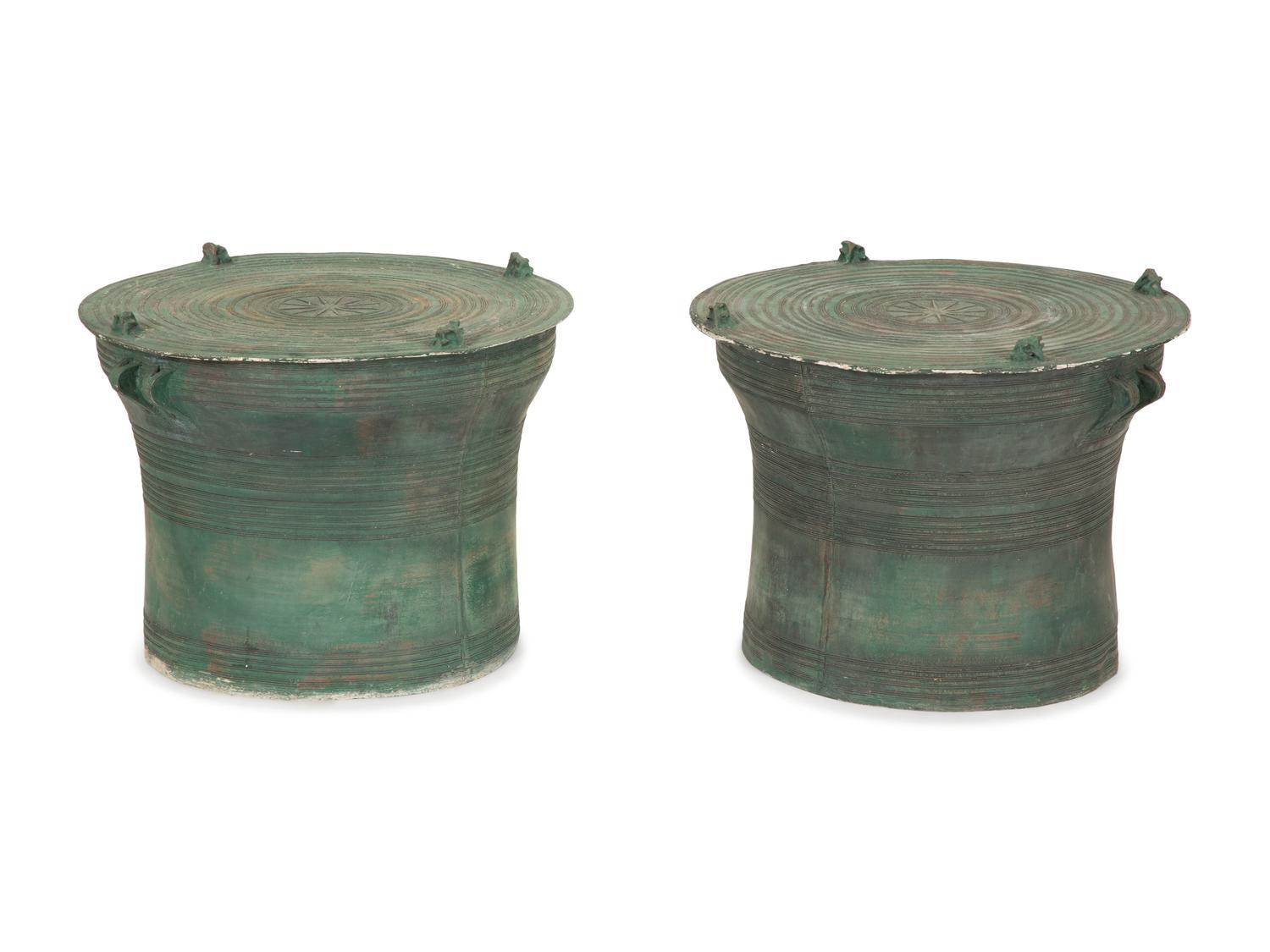 A Pair of Dong Sun Style Composition with Bronze Patina Rain Drums