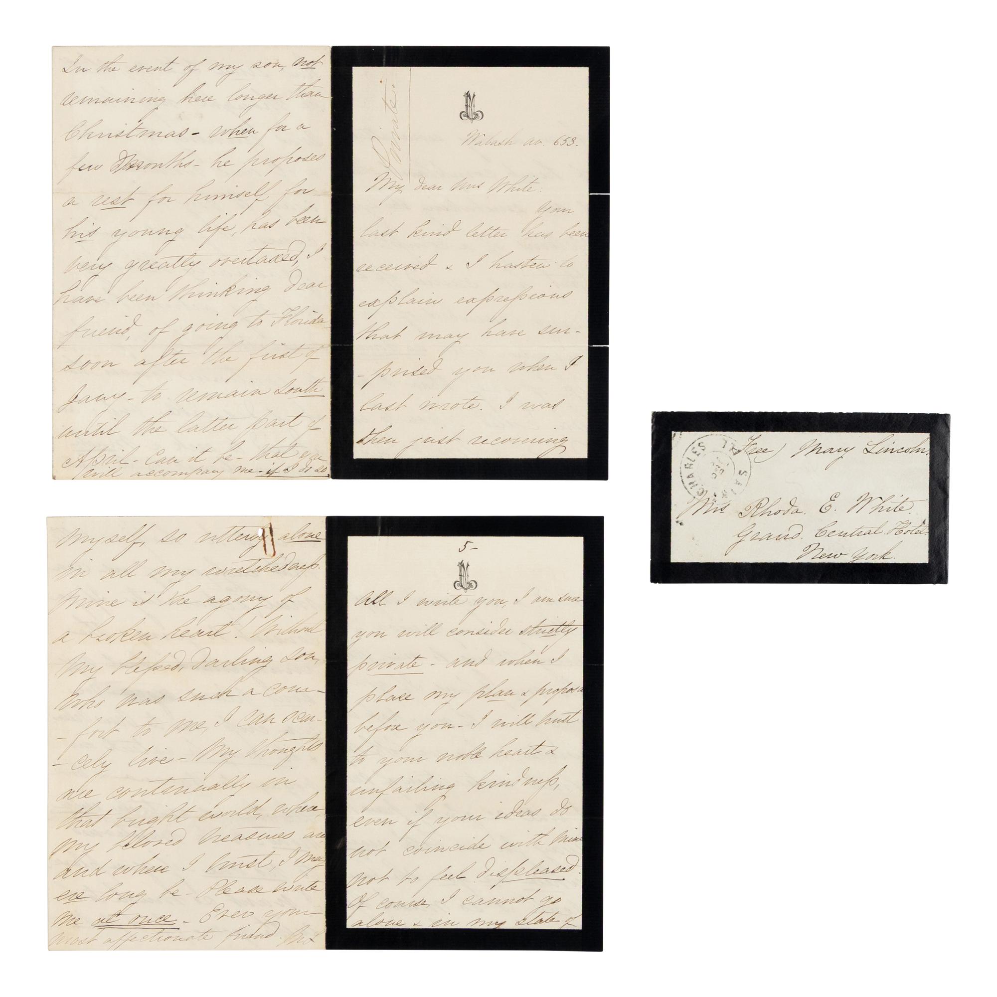 LINCOLN, Mary Todd (1818-1882). Autograph letter signed ("M.L.") to Rhoda White, Chicago, 8 December 1871.
