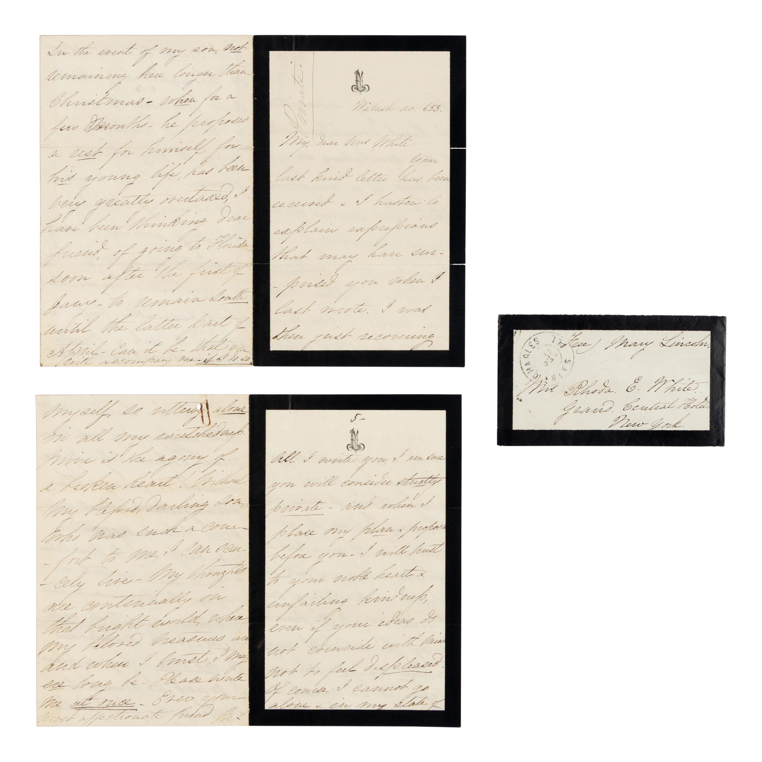 LINCOLN, Mary Todd (1818-1882). Autograph letter signed ("M.L.") to Rhoda White, Chicago, 8 December 1871.