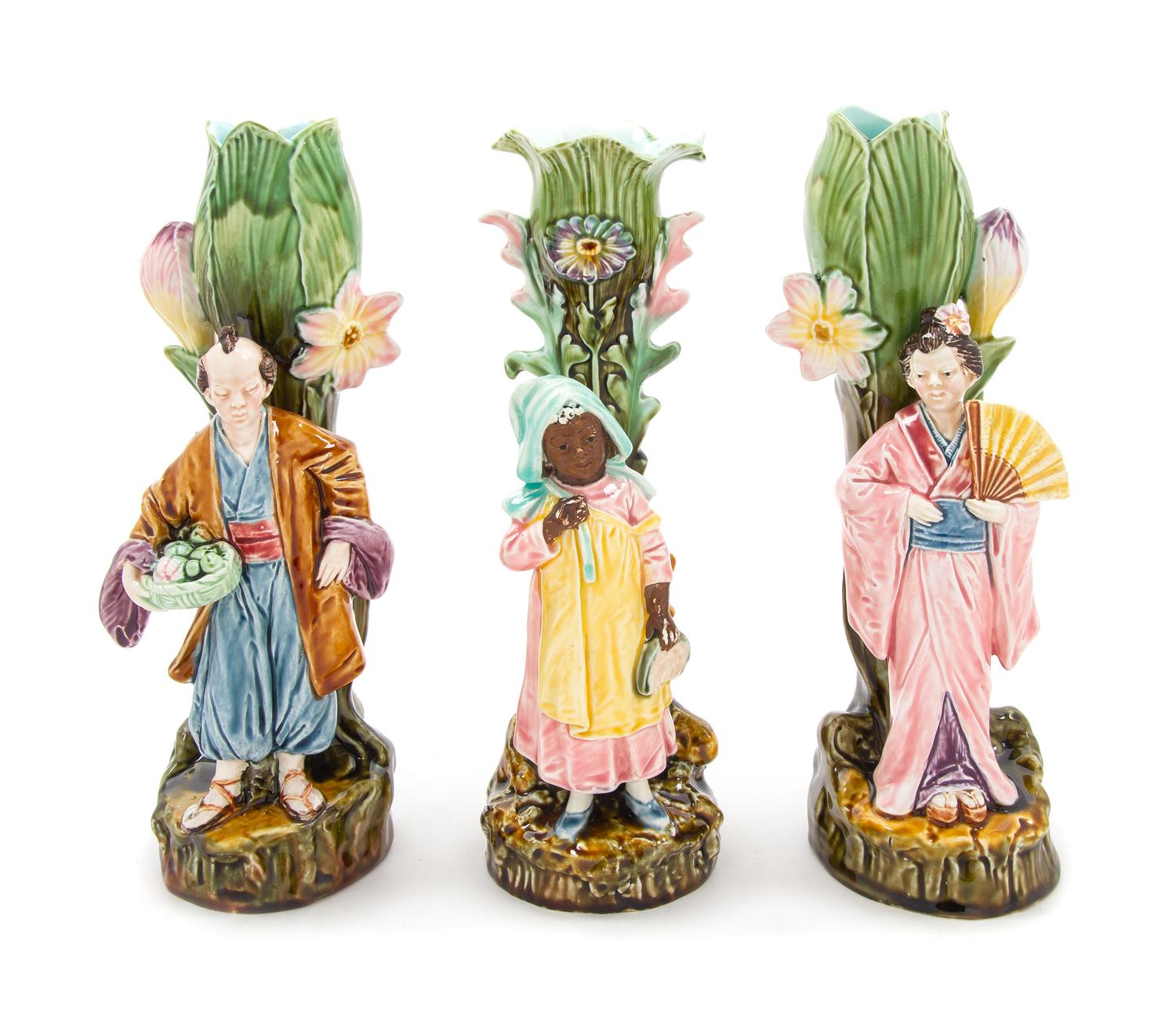 Three Majolica Figural Spill Vases Height of each 11 1/2 inches. — LATE 19TH CENTURY