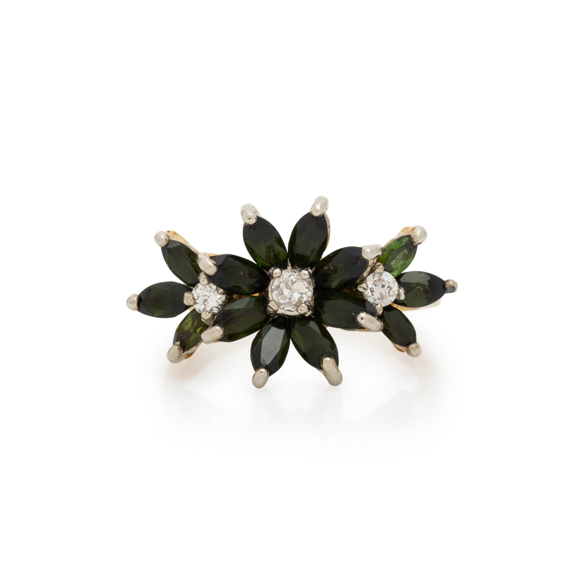 DARK GREEN STONE AND DIAMOND FLOWER RING