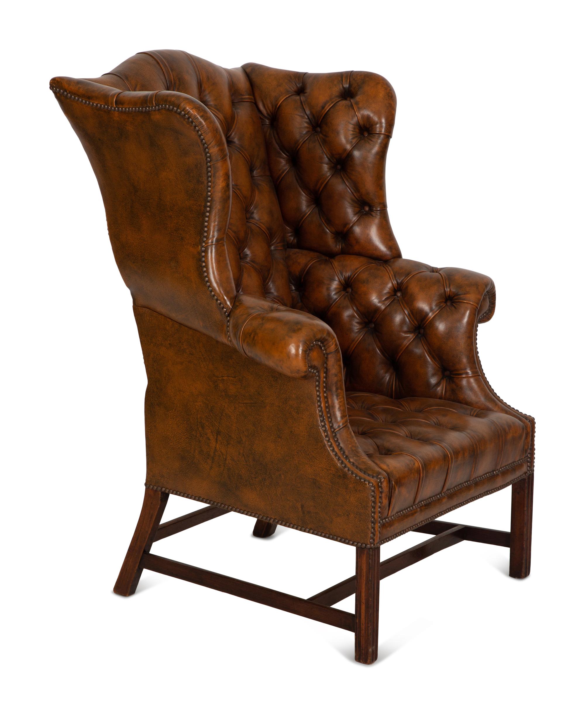 An English Leather-Upholstered Wingback Armchair